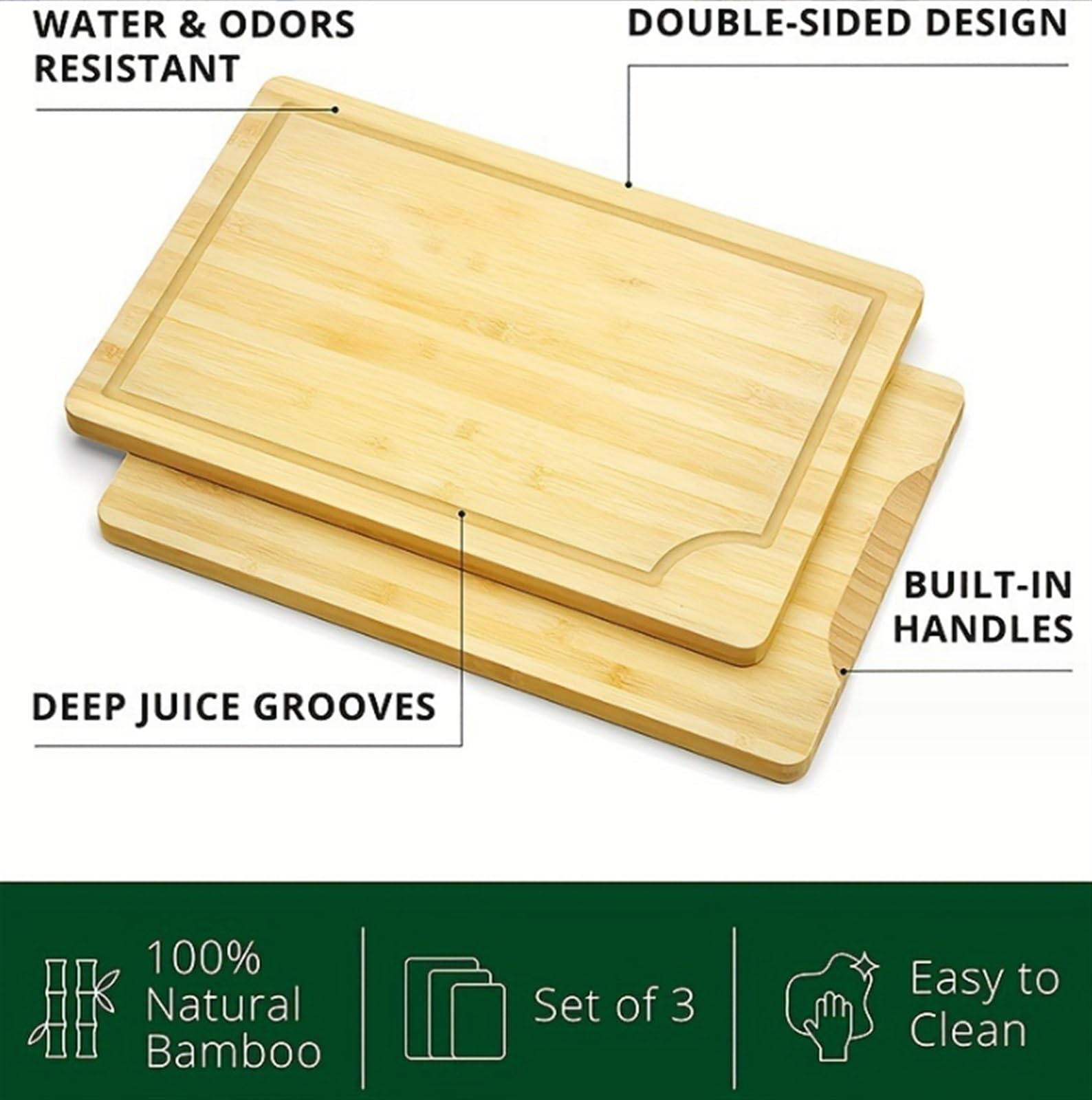 Juego de 3 tablas de cortar de bambú grandes, medianas y pequeñas, de madera orgánica, para cocina, duraderas, ecológicas