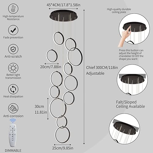 Miniatura 5 de Candelabro moderno LED moderno de techo alto grande con control remoto de 12 anillos, lámpara de araña negra de altura ajustable para escaleras,