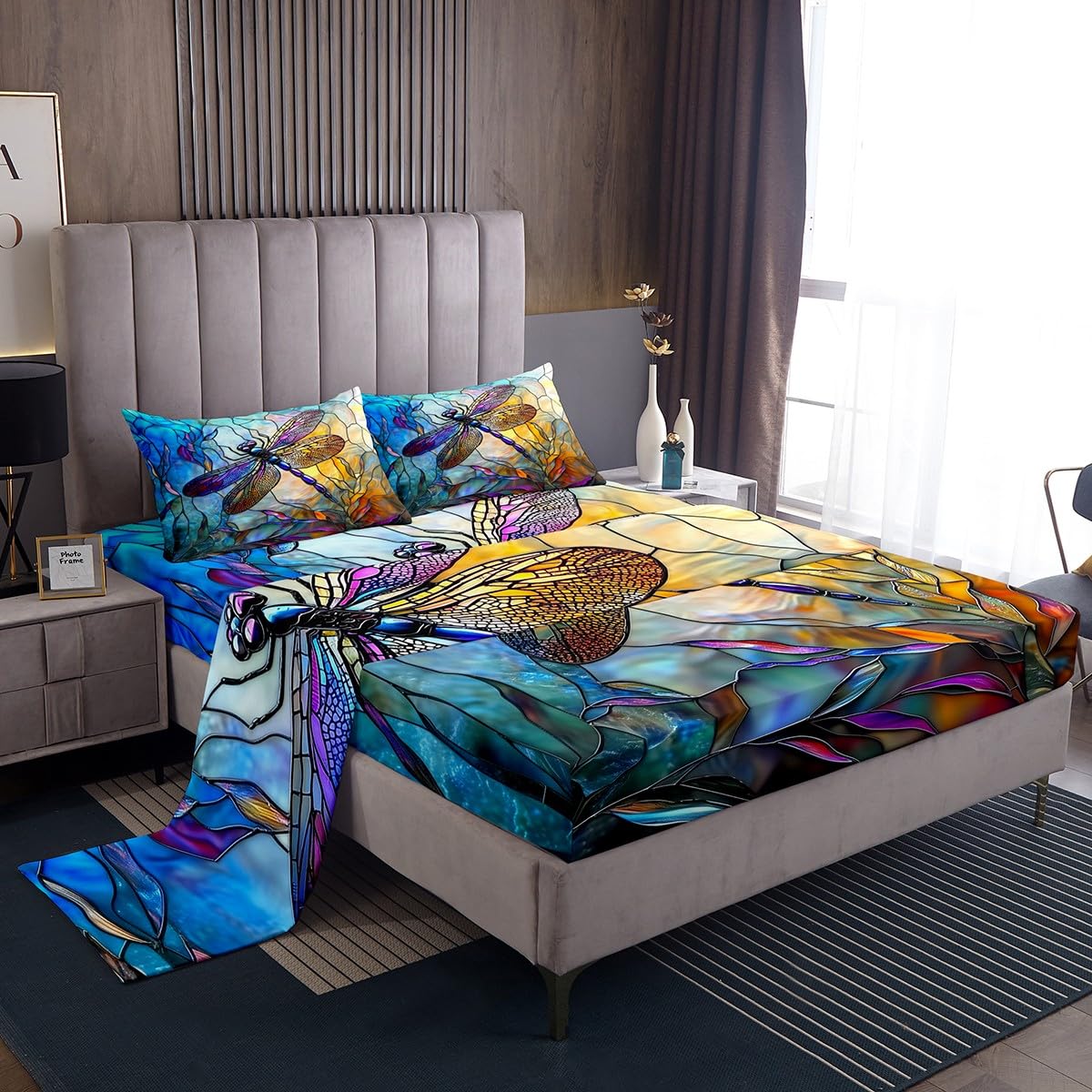 Homewish Juego de ropa de cama con diseño geométrico de libélula, para adolescentes, hombres y mujeres, juego de sábanas con efecto atrapasueños, 4 piezas