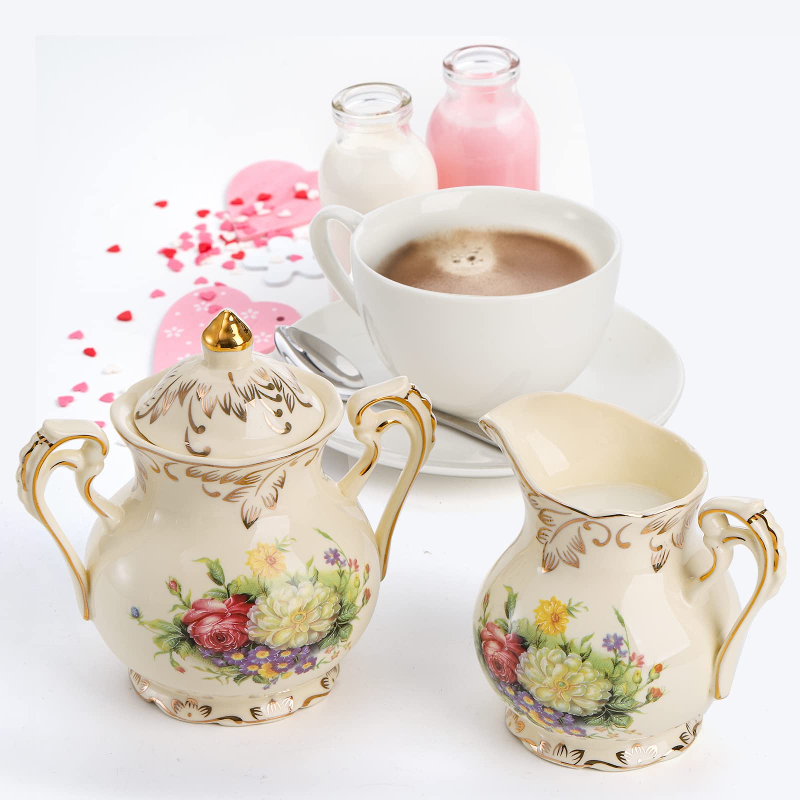 Foraineam Juego de azúcar y crema, porcelana marfil para servir café, diseño de arbustos florecientes con hojas doradas y borde de crema jarra y azucarero con tapa
