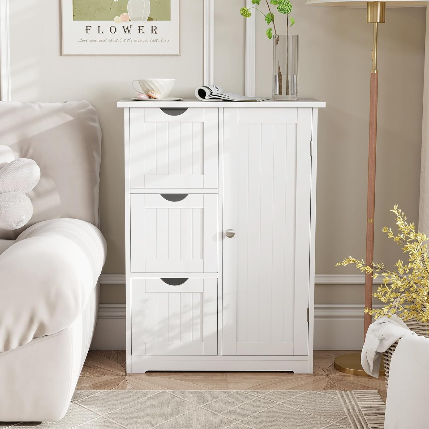Tangkula Bathroom Floor Cabinet, Freestanding Storage Cabinet with 3 Drawers & Single Door, Adjustable Shelf, Multipurpose Bathroom Storage for Home Office, 23.5 x 12 x 32 Inches (3 Drawers, White)