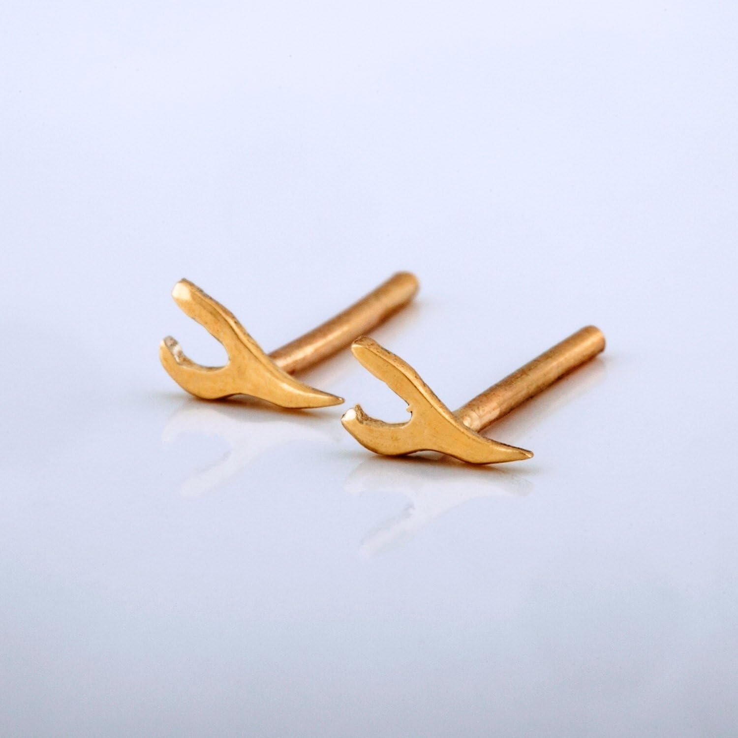 Tiny Stud Earrings, 14k Gold Small Post Earrings, Wishbone Shaped, Unique Women's Jewelry, Handmade Designer
