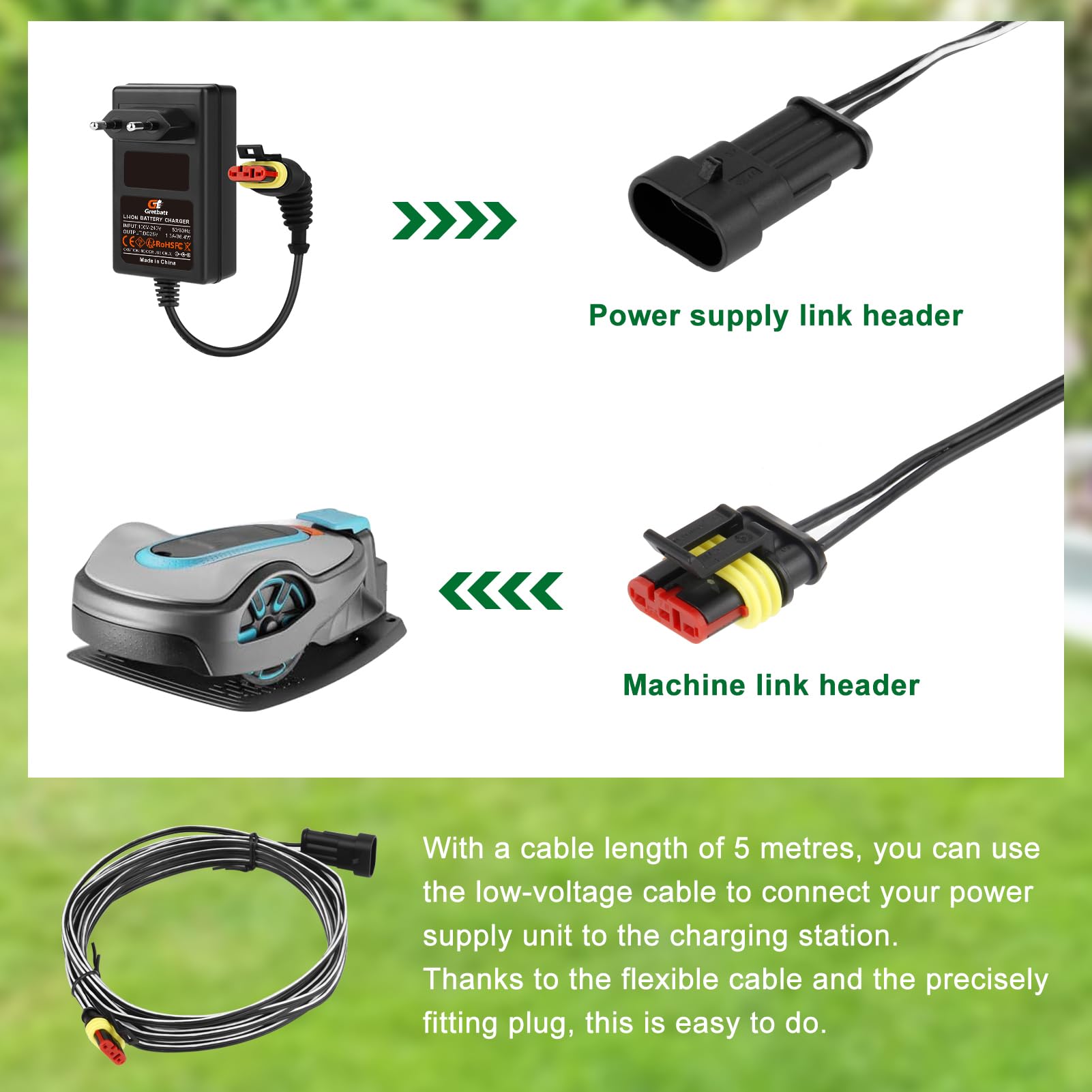 Cable transformador de 5 m de baja tensión compatible con Gardena Robotic R38Li, R40Li, R80Li, Sileno City, Sileno+ R100Li, robot cortacésped Husqvarna Automower 105 305 310