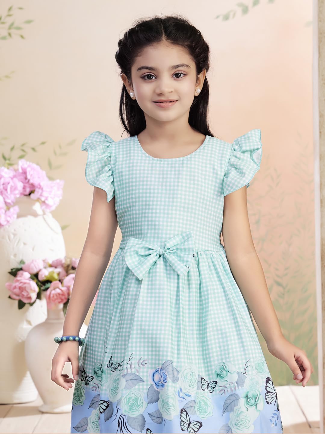 Aarika Vestido de algodón con estampado de cuadros de color verde para niñas