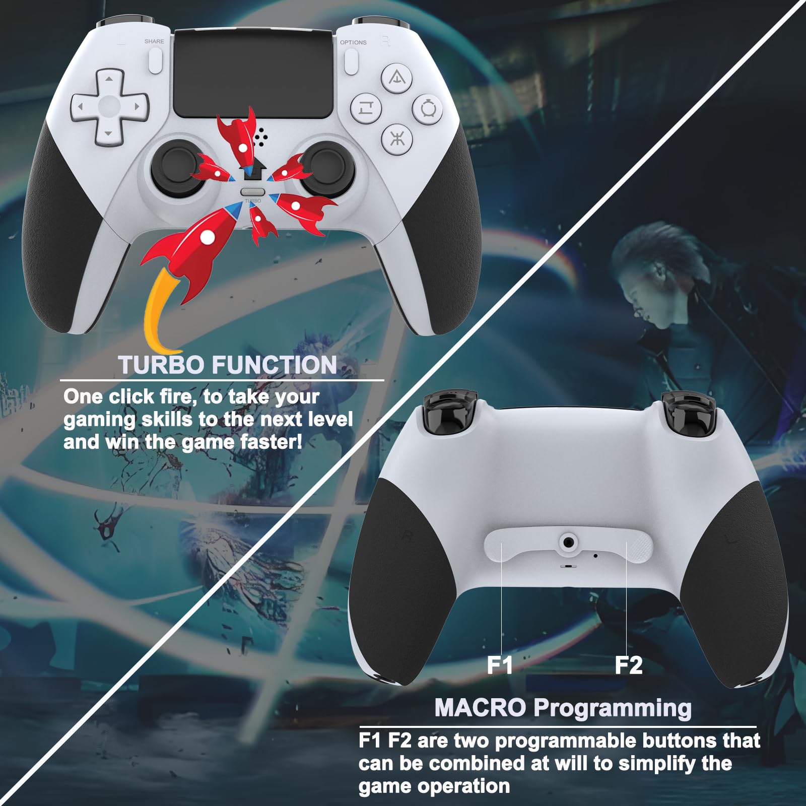 REKBOO Controller per PS4, Wireless Controller per PS4 con Microfono Audio Jack, Controller P4 a Doppia Vibrazione con Giroscopio a Sei Assi, Macro, Turbo, Touch Screen, Batteria 800mah