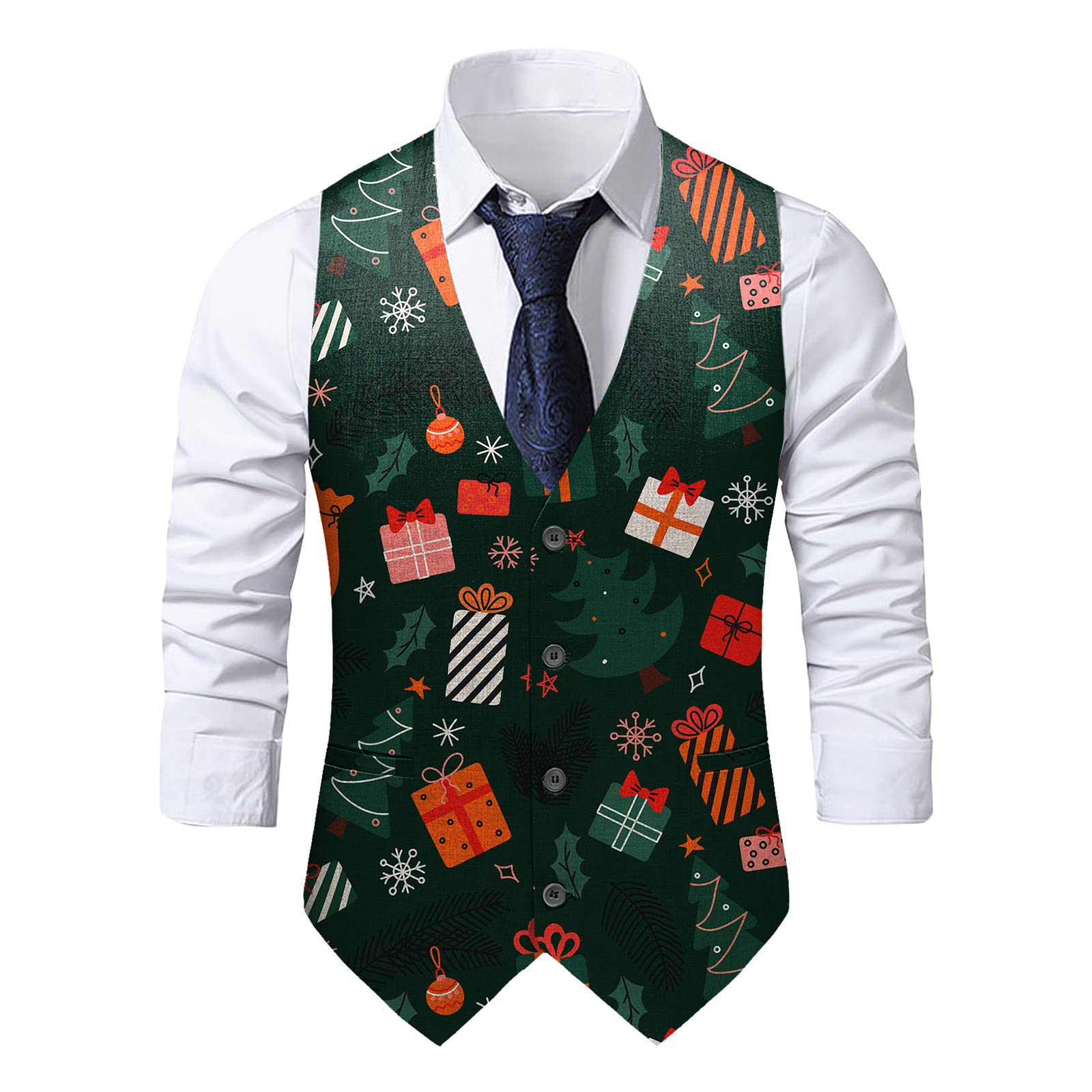 Mens Christmas Suit Vest Christmas Waistcoat Mens Fun Waistcoat Fun Xmas Festive Happy Xmas Waistcoats V Neck Sleeveless Slim Fit Party Costumes Party Dress Up Vest Suit - Image 2
