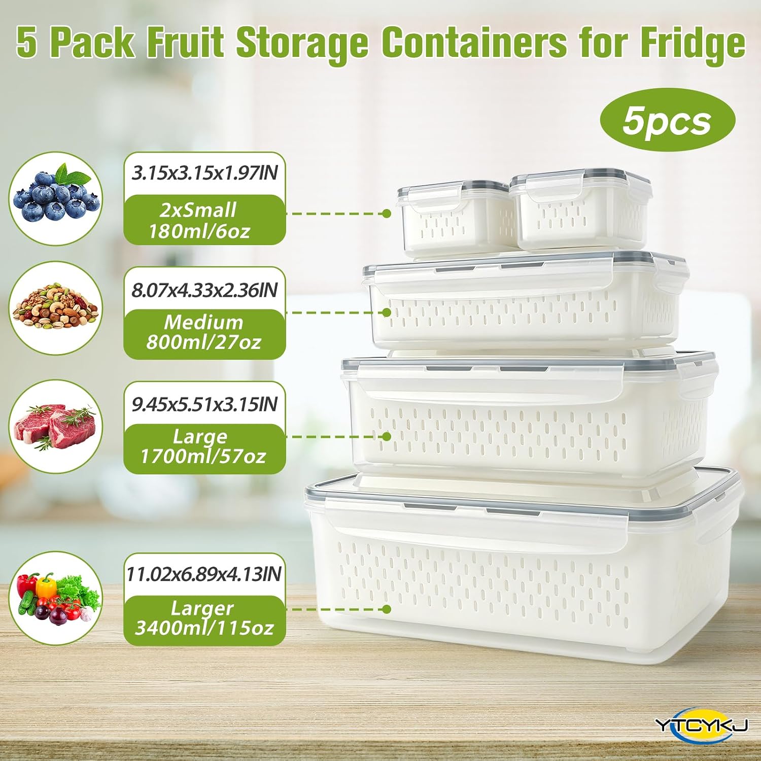 5-Pack Fruit Storage Containers for Fridge with Removable Colanders & Airtight Lids – Produce Storage Containers for Fruits, Veggies, Salad, Berries | Leak-Proof, Dishwasher & Microwave Safe
