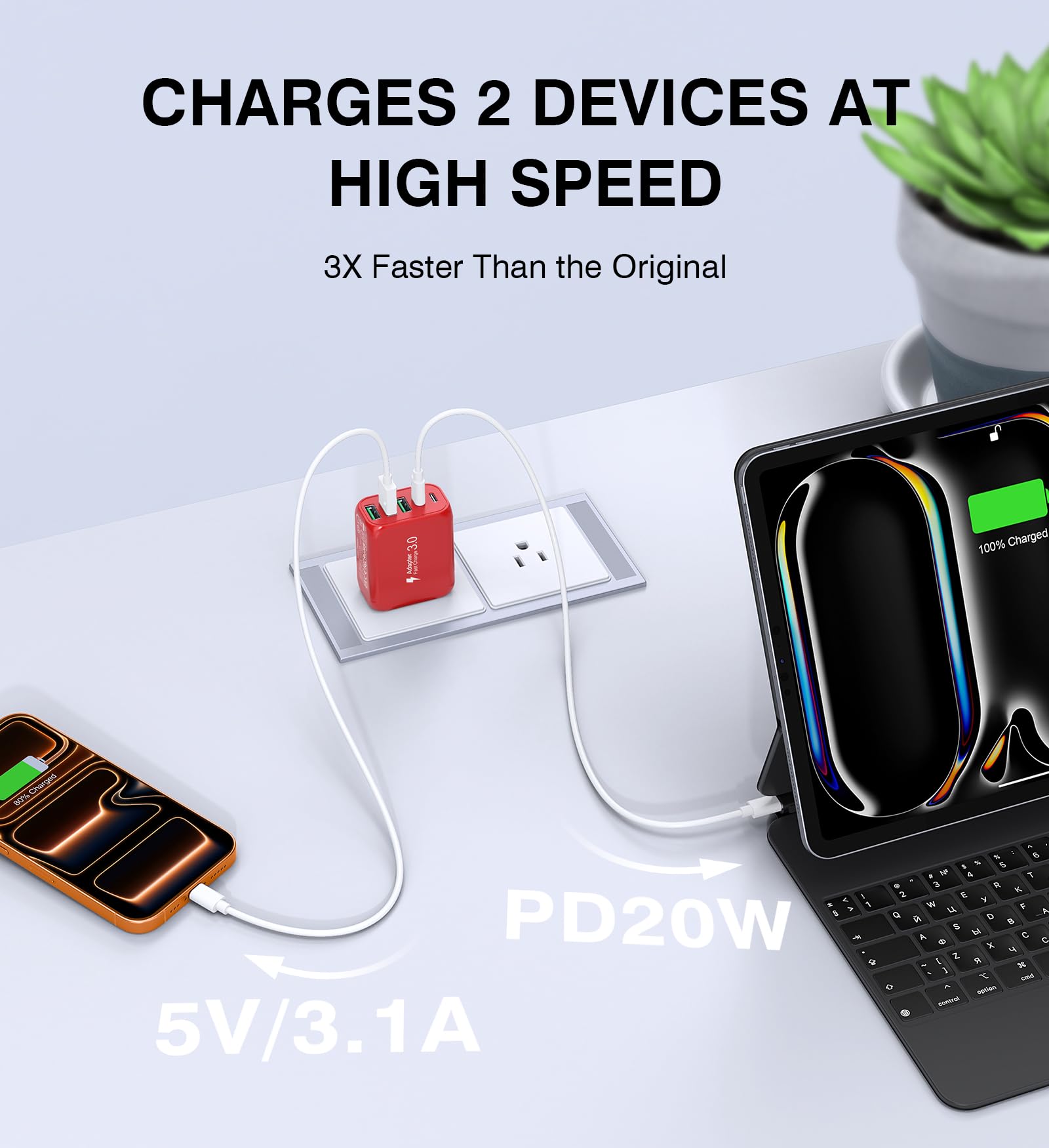Chargeur mural USB C 50 W, lot de 2 chargeurs C à 5 ports, adaptateur secteur PD à charge rapide + QC 3.0 multi-ports de type C, boîte de brique, cube USB A, prise murale pour