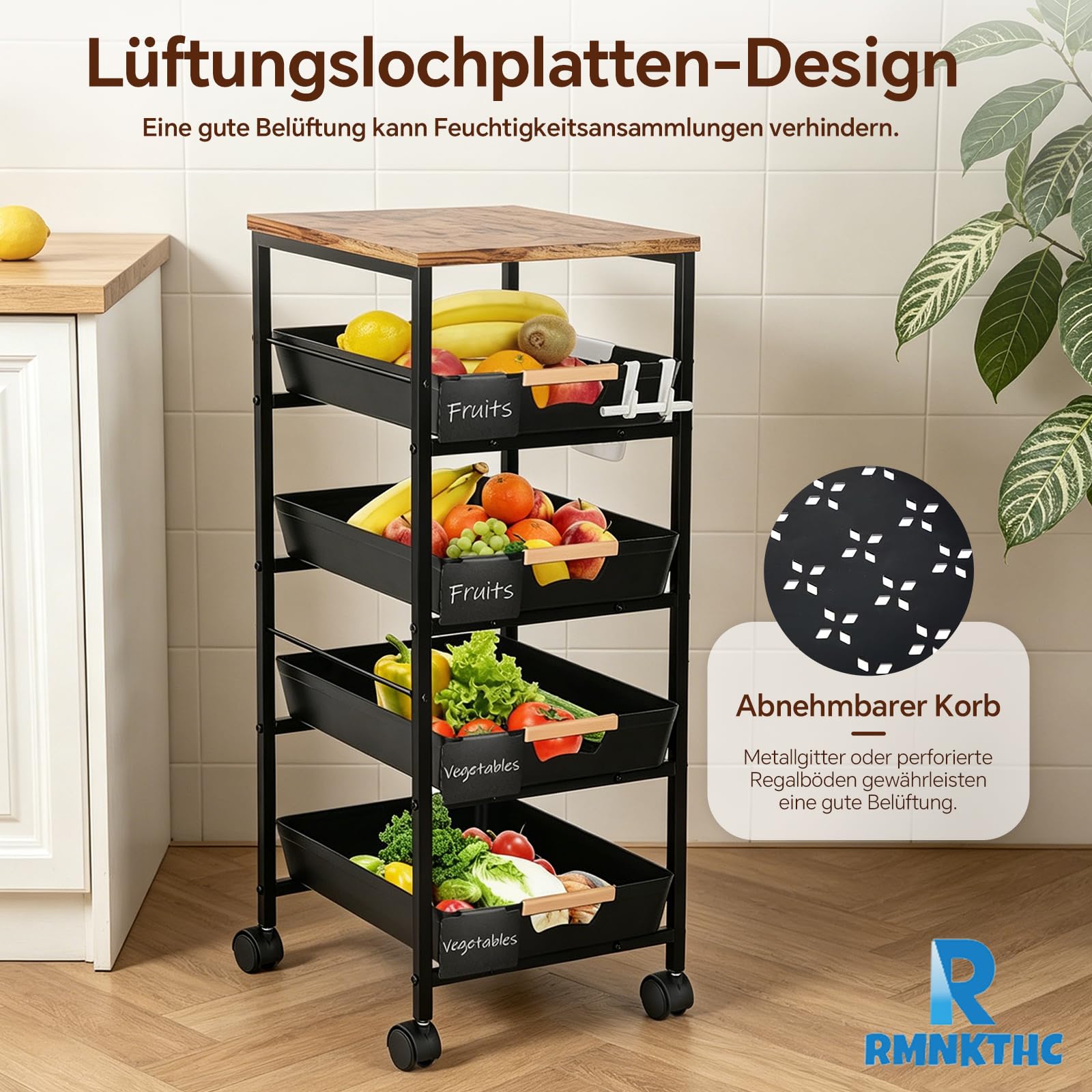 Küchenwagen mit 5 Ebenen & 4 Schubladen, 360° Rollen mit 2 Bremsen | Metall Rollwagen, Aufbewahrungswagen mit Holzplatte, Belüfteten Körben für Obst, Gemüse in Küche & Wohnzimmer (32x38x81.5cm)