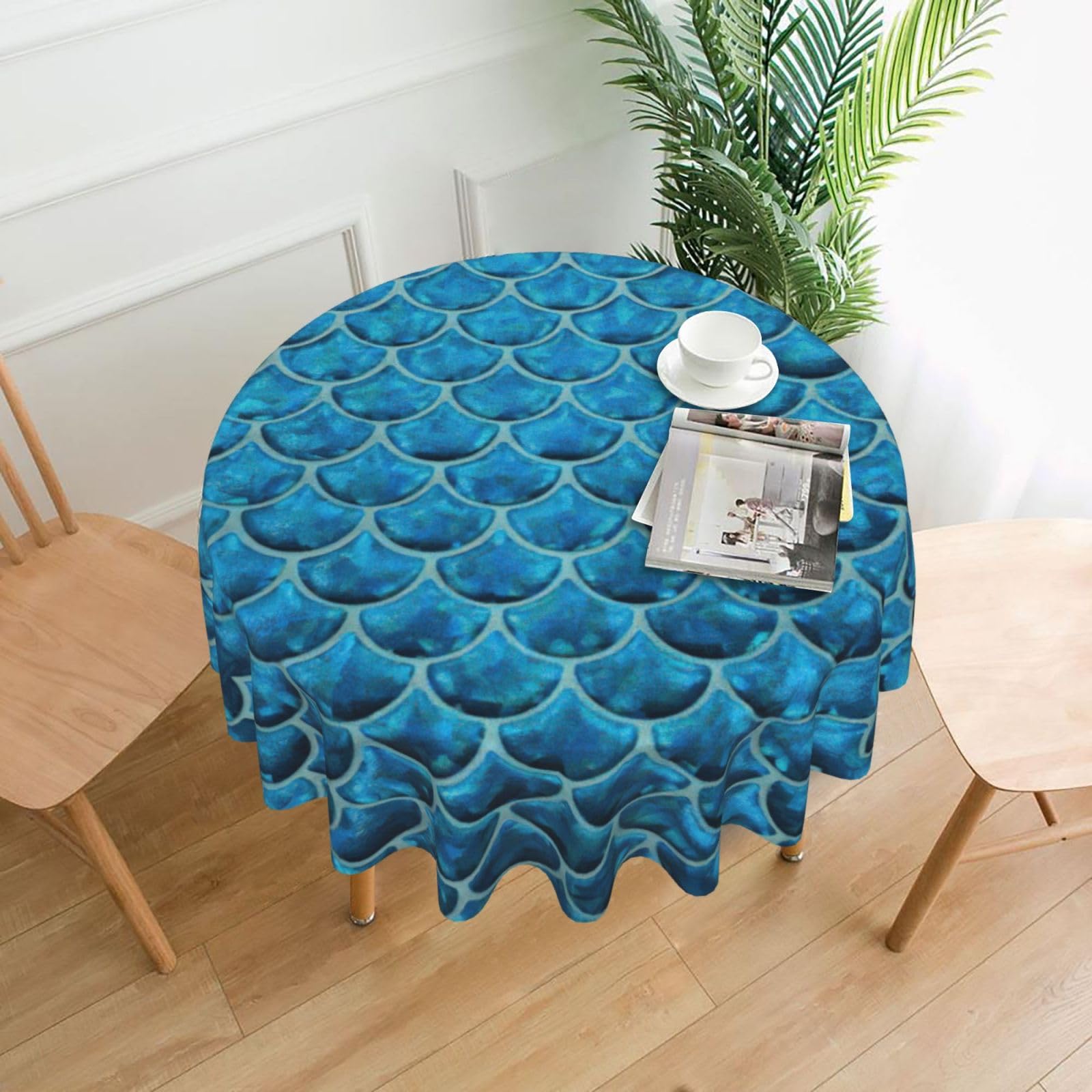 Uusnwaa Blue Fish Scale. Print Round Tablecloth 60 Inch, Stain Wrinkle Resistant Washable Polyester Table Cover For Kitchen Party