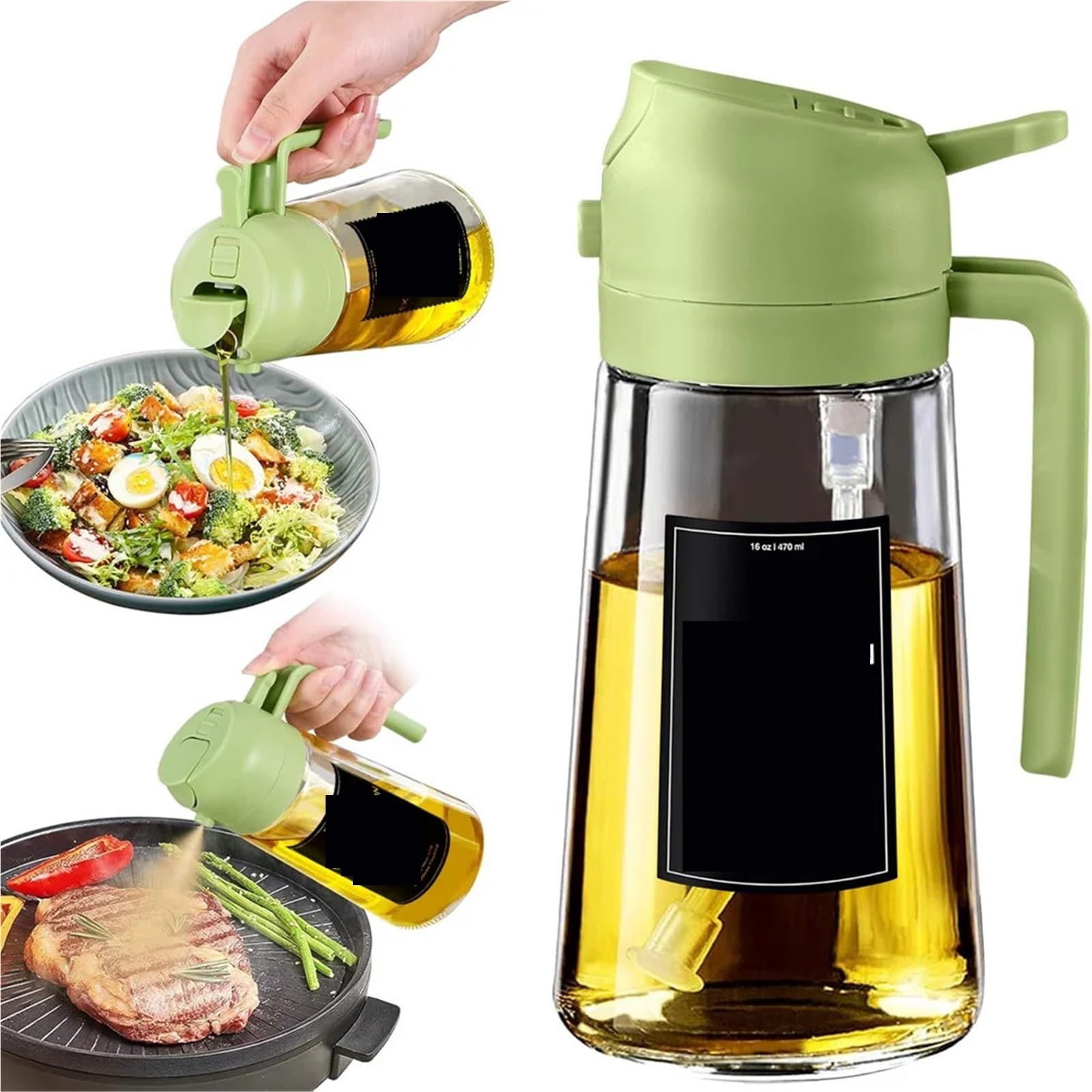NGTFDCP Oil Dispenser, Oil Sprayer For Cooking,2in1 Dispenser Bottle For Kitchen,16oz/470ml Glass,Food-grade Mister for Air Fryer, Salad(1pcs Green)
