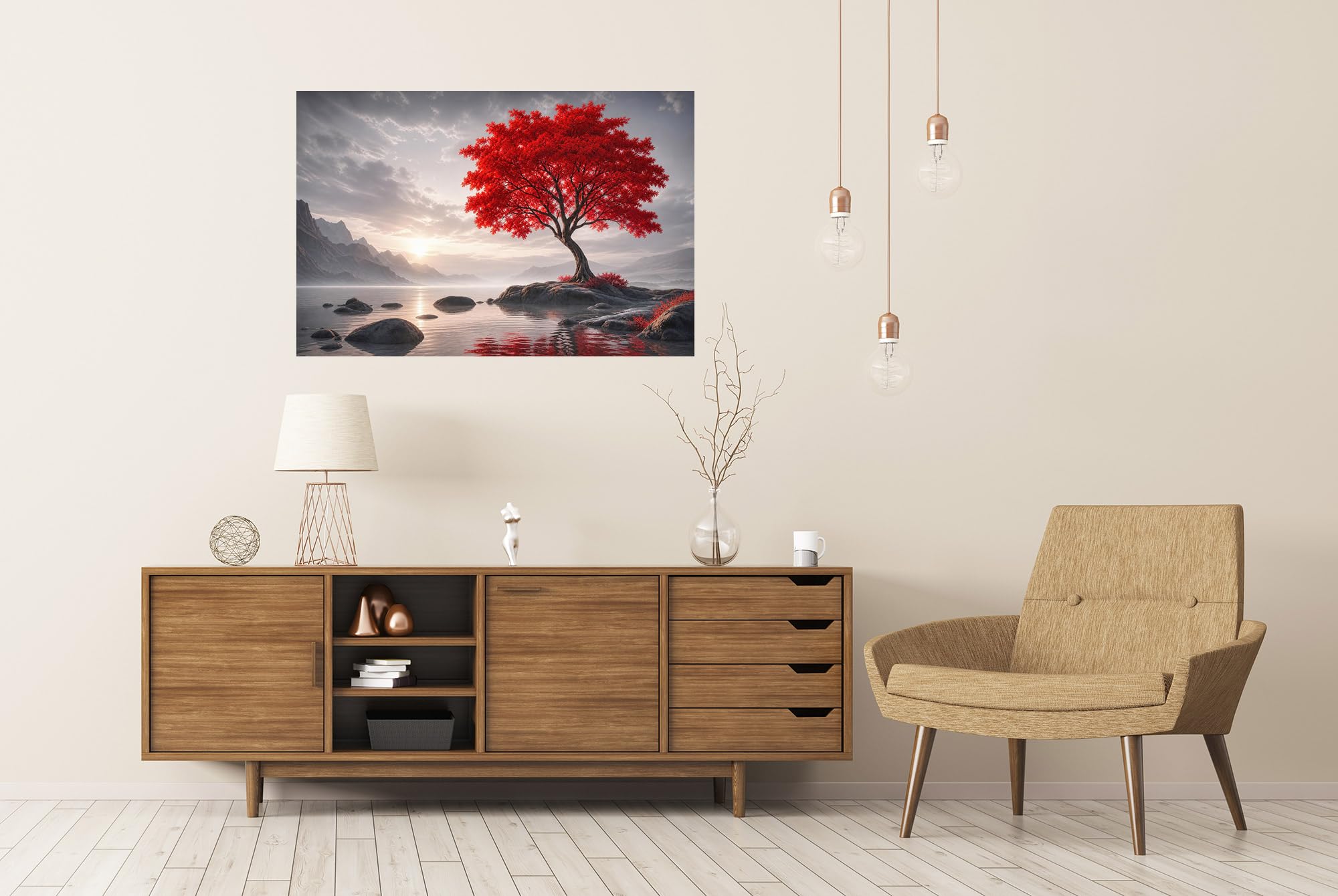 islandburner Póster de alta calidad con majestuoso árbol rojo en el lago, mural para salón para amantes de la naturaleza, formato grande