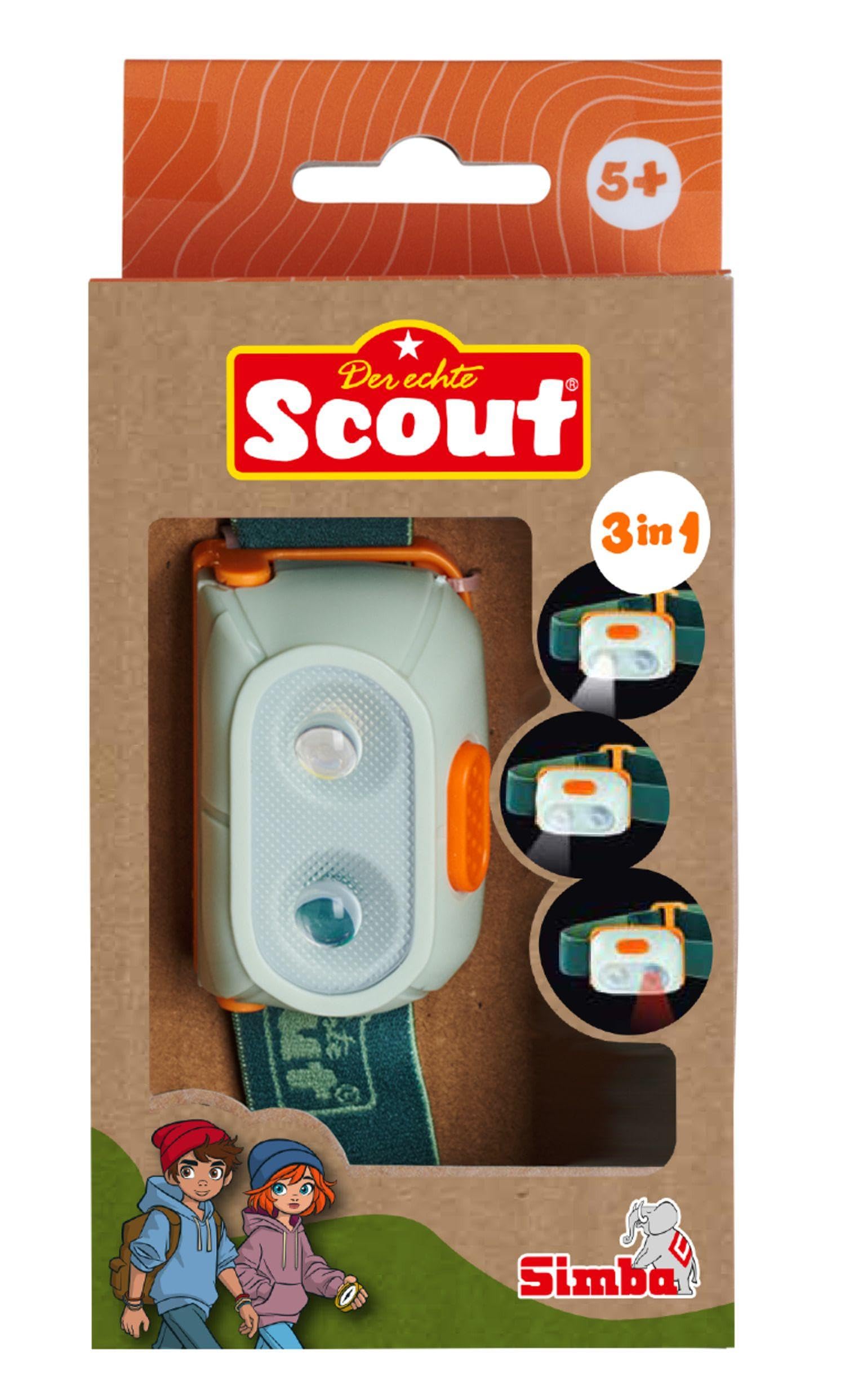 Simba Scout Stirnlampe für Kinder – LED-Leuchte mit 3 Lichtmodi, schwenkbarer Lampe, spritzwassergeschützt, Flexibles Kopfband, Länge 6 cm, Outdoor-Abenteuerspielzeug ab 5 Jahren