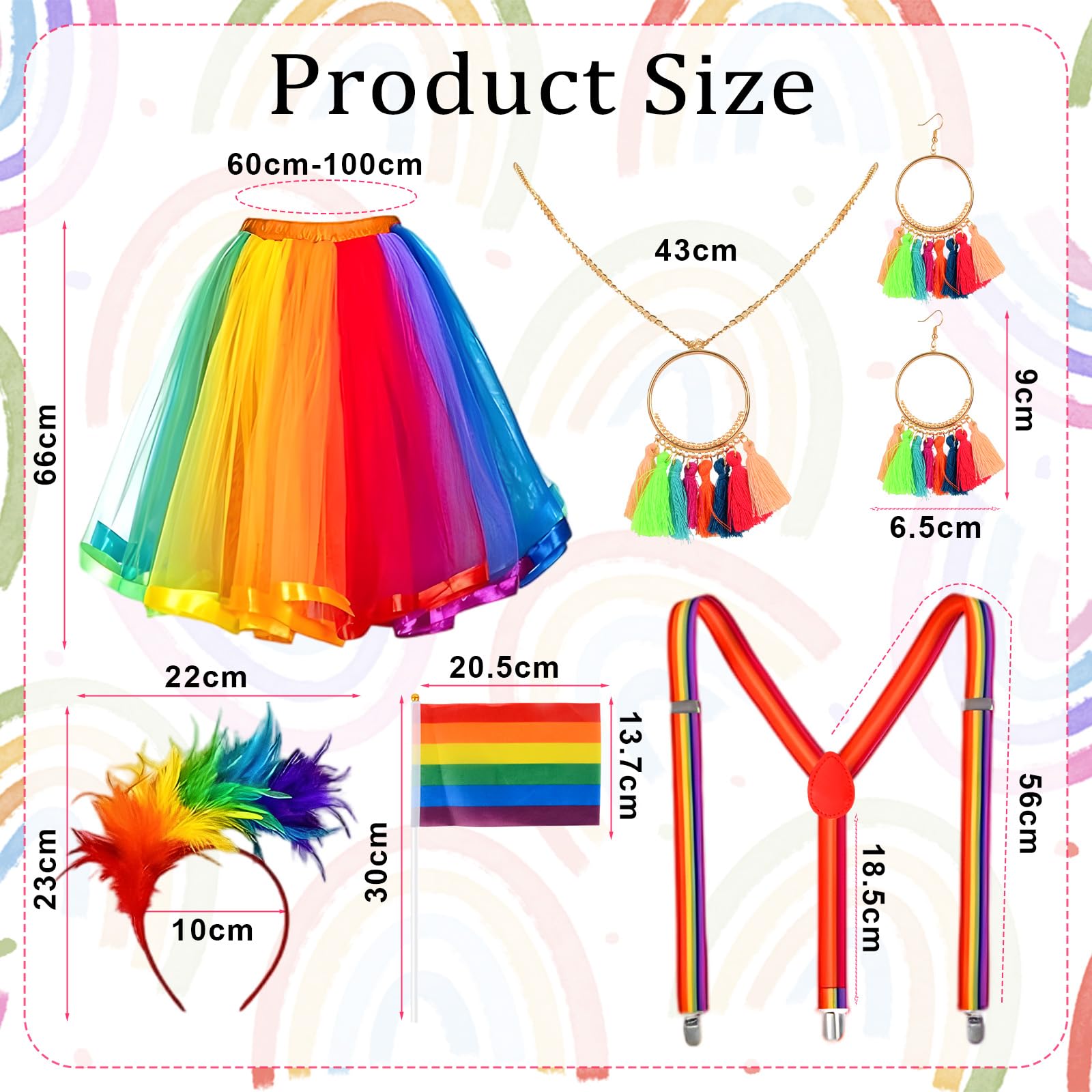 Set de Tutu Arc-en, Ciel pour Adulte, Jupe Tulle Volumineuse, Diadème à Plumes, Bretelle, Boucles d'Oreilles à Franges, Collier, 2 Drapeaux, 2 Autocollants, Taille Unique pour Fêtes & Soirées