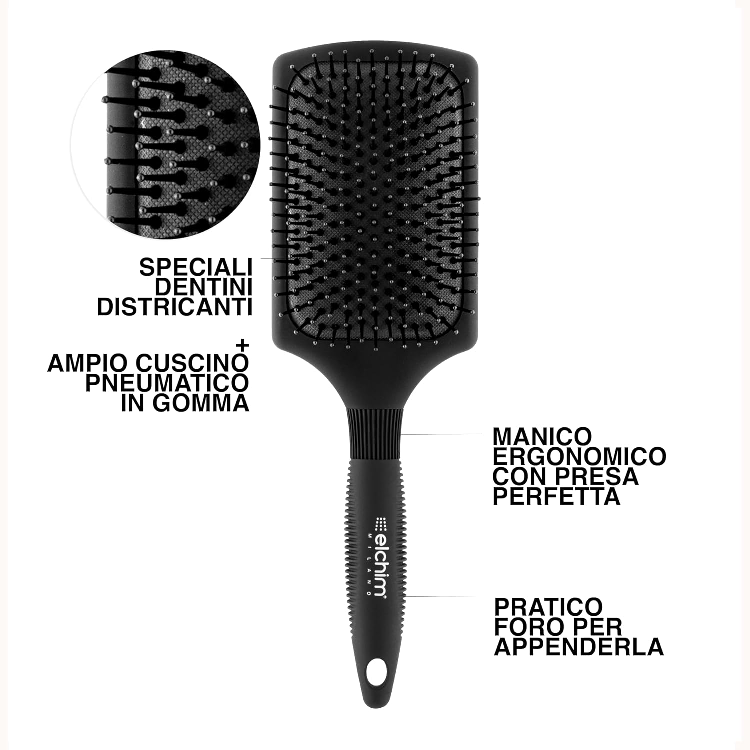 Elchim - Paddle Brush with Pneumatic Rubber Cushion and Ergonomic Handle – Lightweight Detangling and Styling Brush