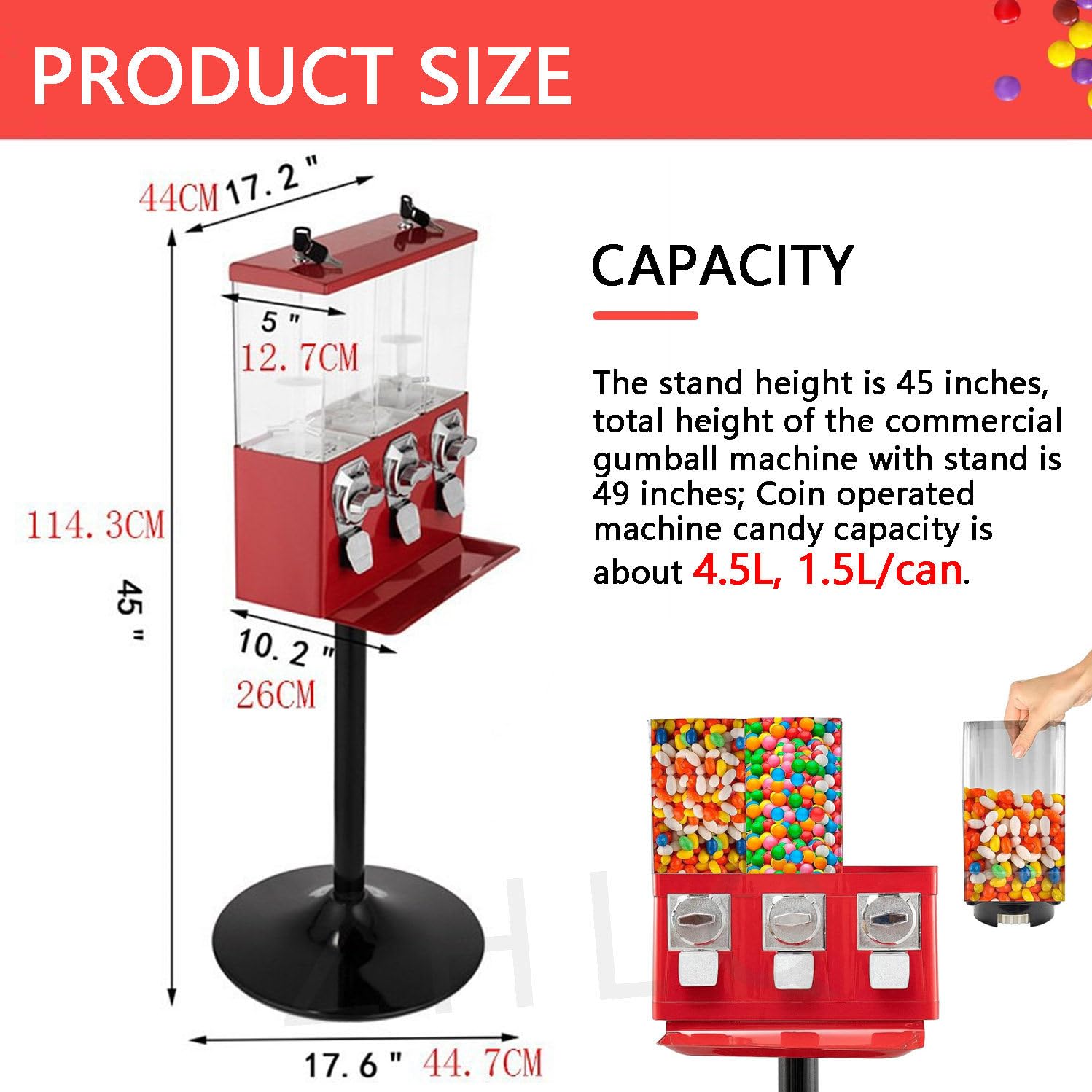 Máquina Expendedora De Chicles Y Caramelos Con Soporte, Máquina Expendedora De Chicles De Metal Con Cápsulas De Juguete Que Funciona Con Monedas 25 Céntimos O 1 Eur Y 3 Bote,Red-0.4in+1to1.37in*2