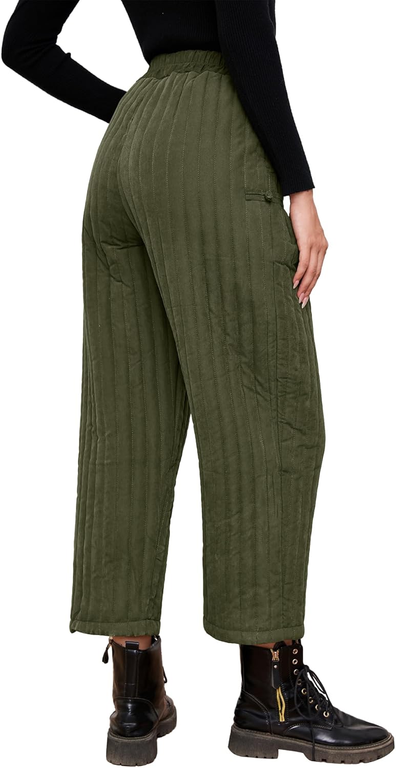 Women's Cotton Down Pants Winter Warm Thicker Padded Quilted Pants Wide Leg Elastic Waisted Loose Trousers with Pockets - Image 4