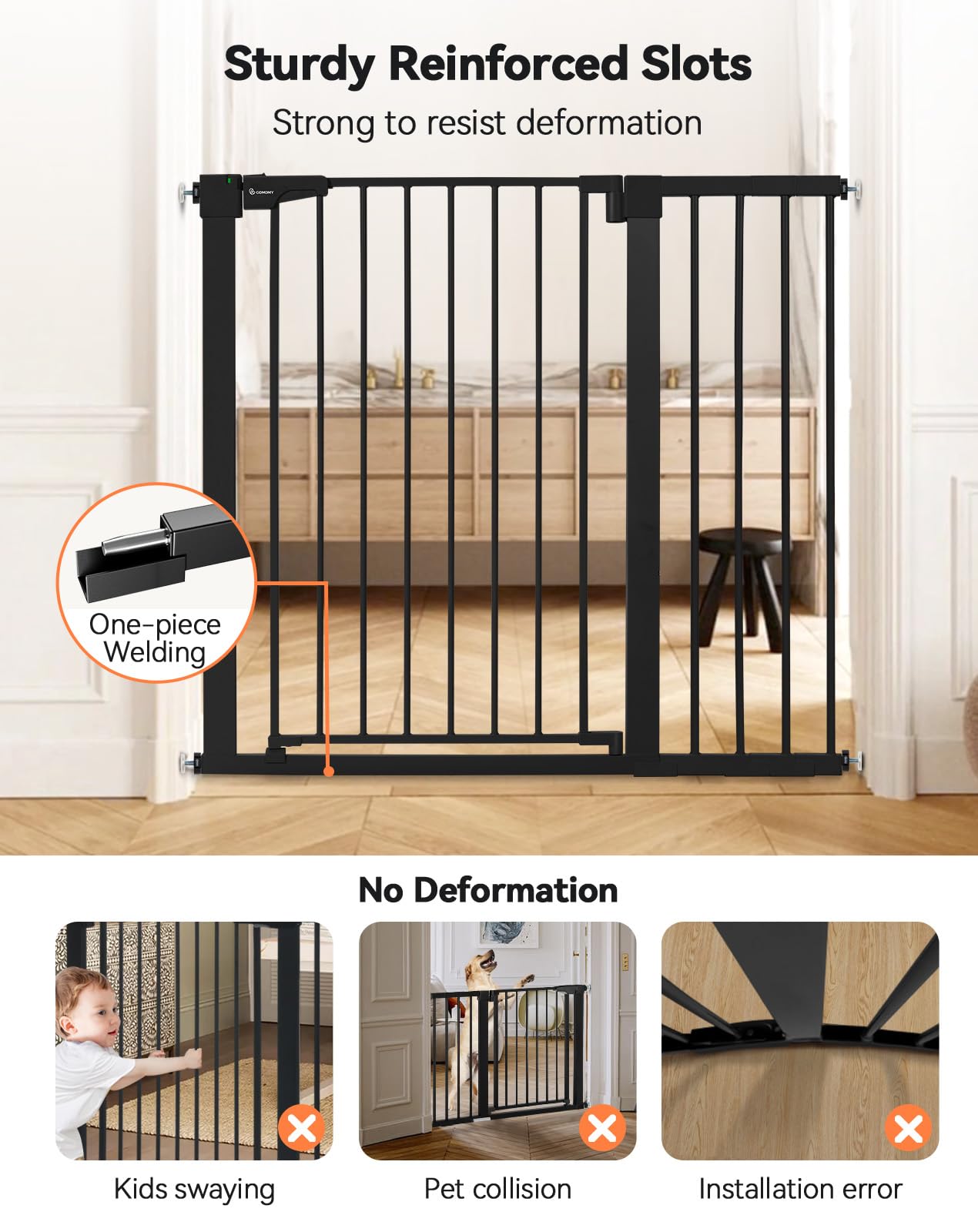 COMOMY 91,5cm Cancelletto per cani Extra Alto, per Scale e Porte, 75 a 110cm di Larghezza, Montato a Pressione Cancellino Bambini di Sicurezza Extra Largo a Chiusura Automatica per Casa, Nero