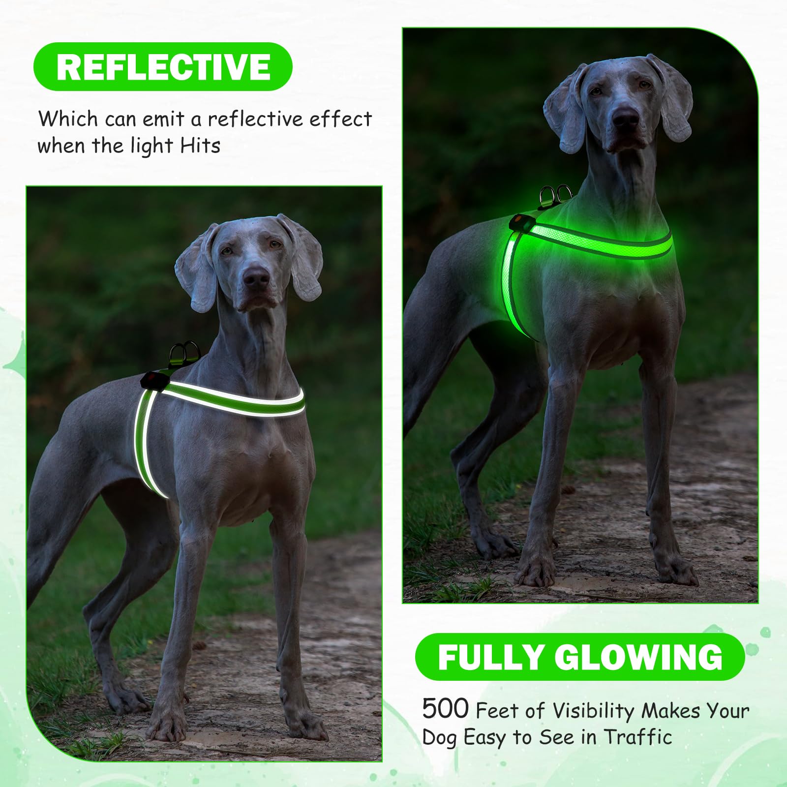 LED Dog Harness Mesh USB Rechargeable Light Up Dog Harness Reflective Vest for Small Medium Large Dogs (Green, XS) - Image 3