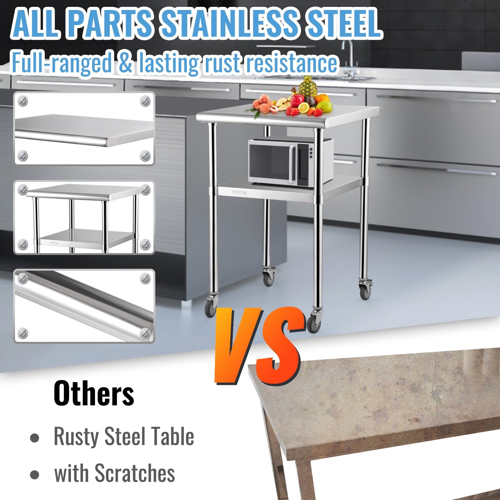 VEVOR Table de Travail INOX 61x61x85 cm Préparation 2 Niveaux 272,4 kg Cuisine Étagère Réglable Roues Rangement Aliments Restaurant Bar Garage