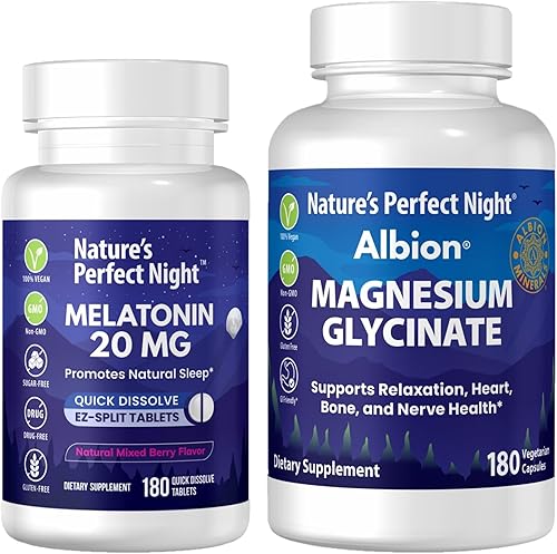 Nature's Perfect Night Paquete Melatonina 20 mg Glicinato de magnesio 180 unidades 180 unidades Sin azúcar Sin gluten Sin OMG Vegano