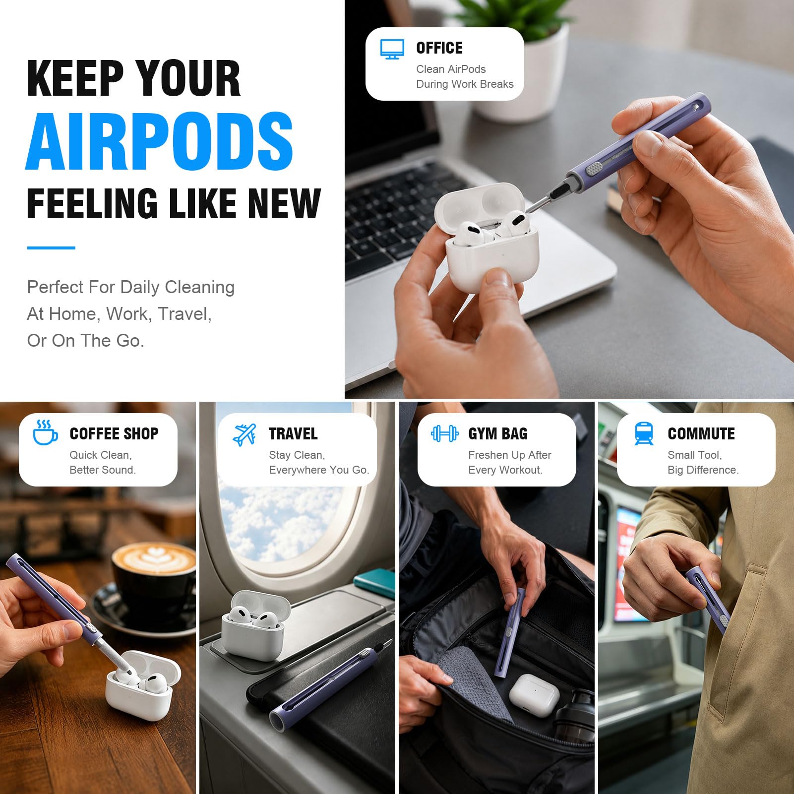 Hyashee Zestaw do czyszczenia Airpods Pro 1, 2, 3, wielofunkcyjny długopis czyszczący z miękką szczotką, flokowana gąbka do słuchawek Bluetooth, narzędzia do czyszczenia, lawendowy fioletowy