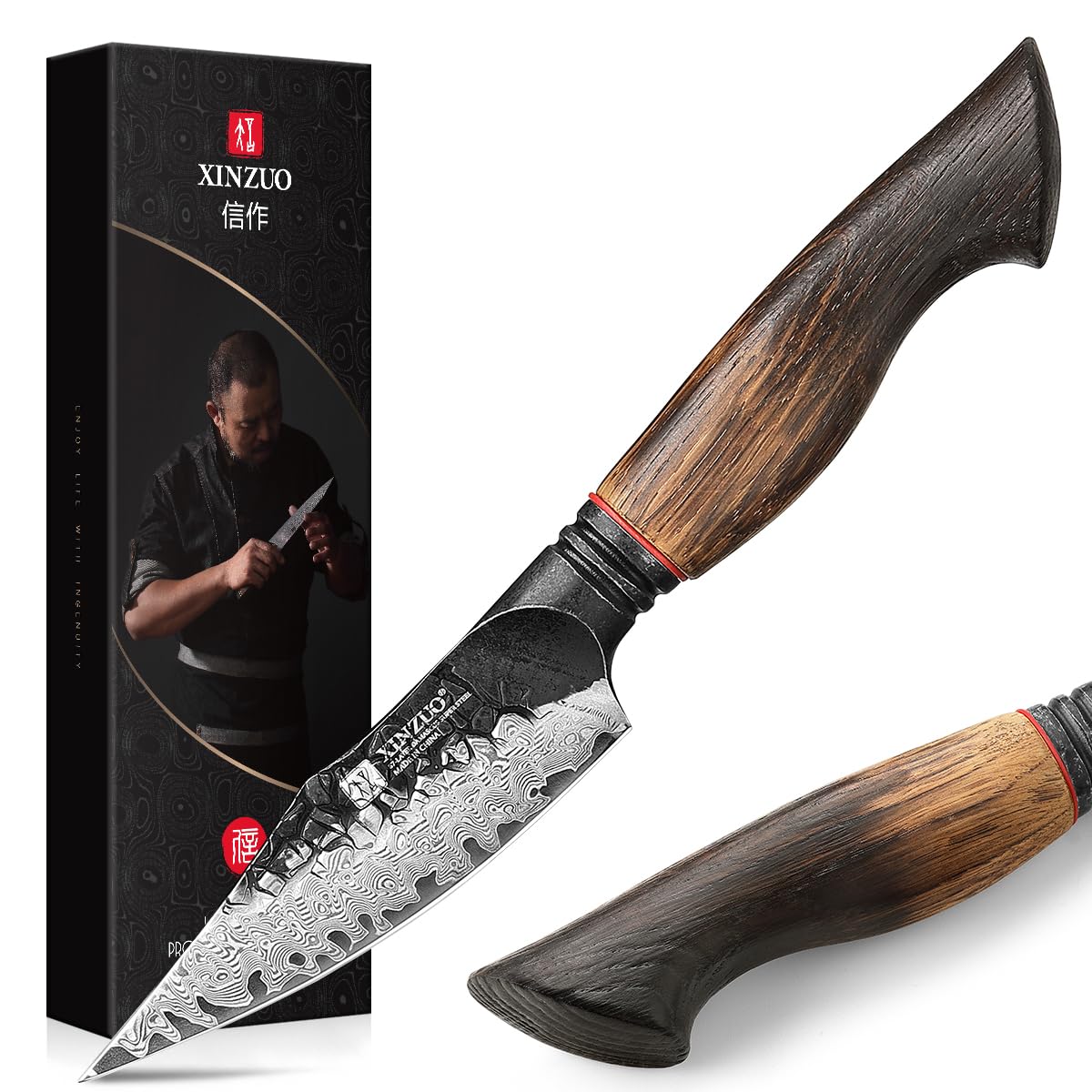 XINZUO 8.3 Inch Kiritsuke Chef Knife, Forged 67 Layers 10Cr15Comov High Carbon Damascus Steel Professional Kitchen Knife,Super Sharp，White Oak + Red G10 Gasket Handle — Amazon image 16
