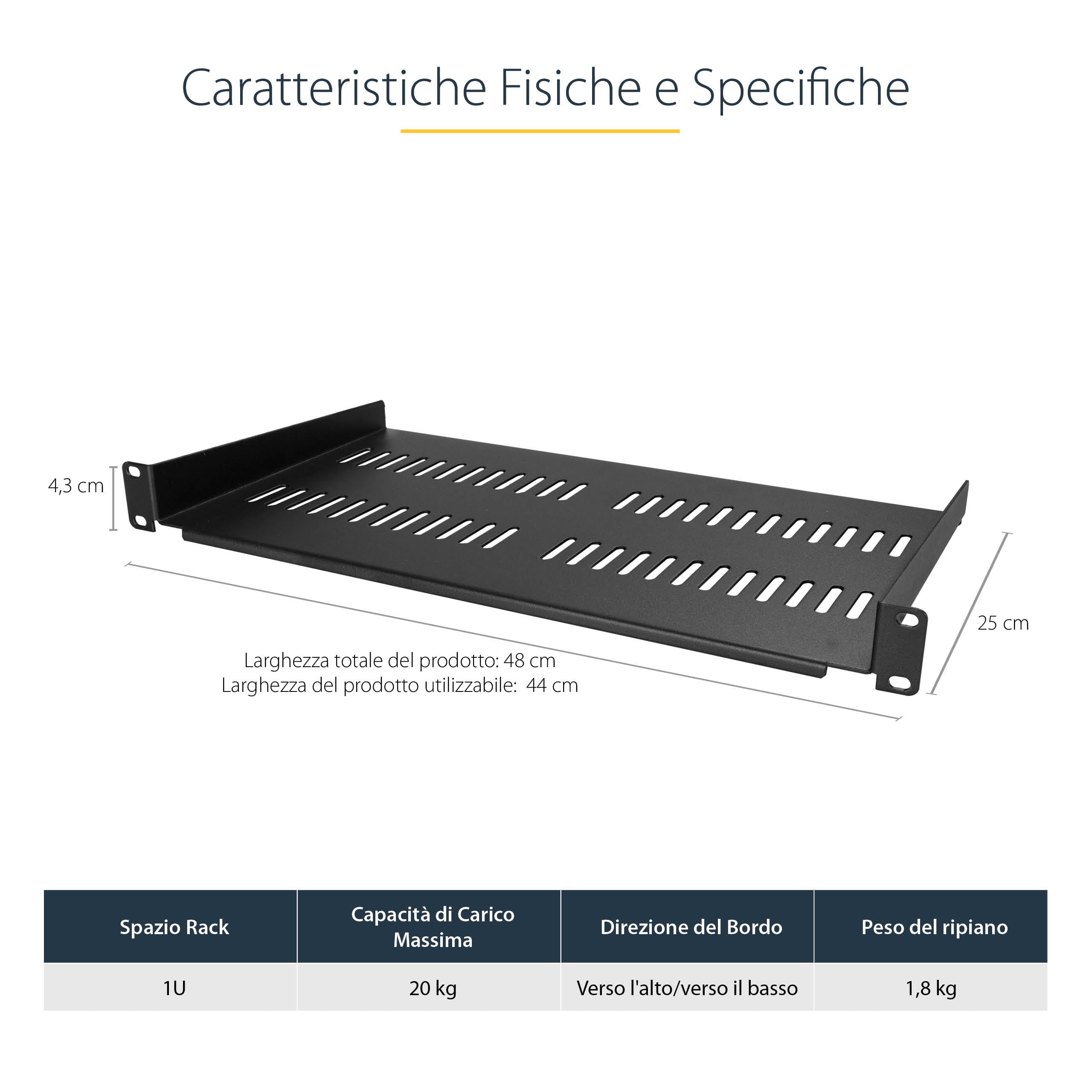 StarTech.com Ripiano 1U 19" Ventilato per armadi rack Scaffale rack in acciaio 20kg 25cm Nero