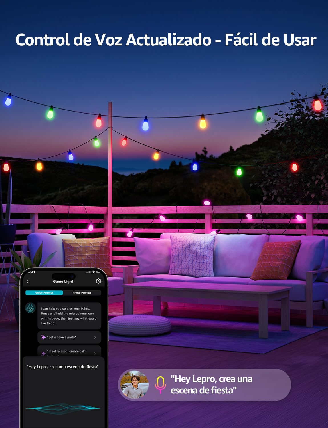 Lepro ZB1 AI Guirnalda de Luces Inteligente 15M, Impermeable IP65 | Diseñador de Iluminación AI Personalizado Usar con Alexa, RGBW Regulable Decoración de Jardín Balcón, No Remoto