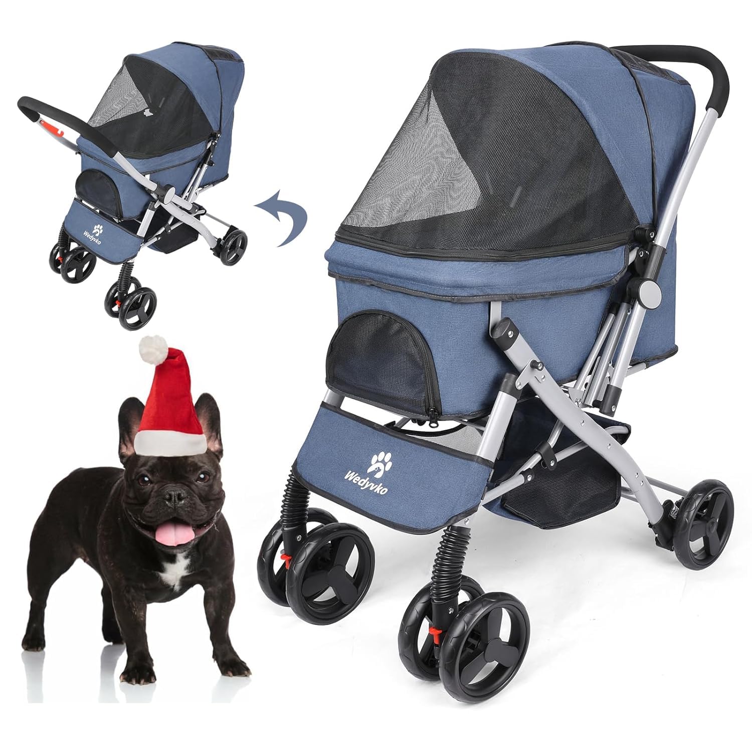 Cochecito plegable para perros, con ventanas de malla y cesta de almacenamiento para perros pequeños y medianos, hasta 20 kg (azul marino)