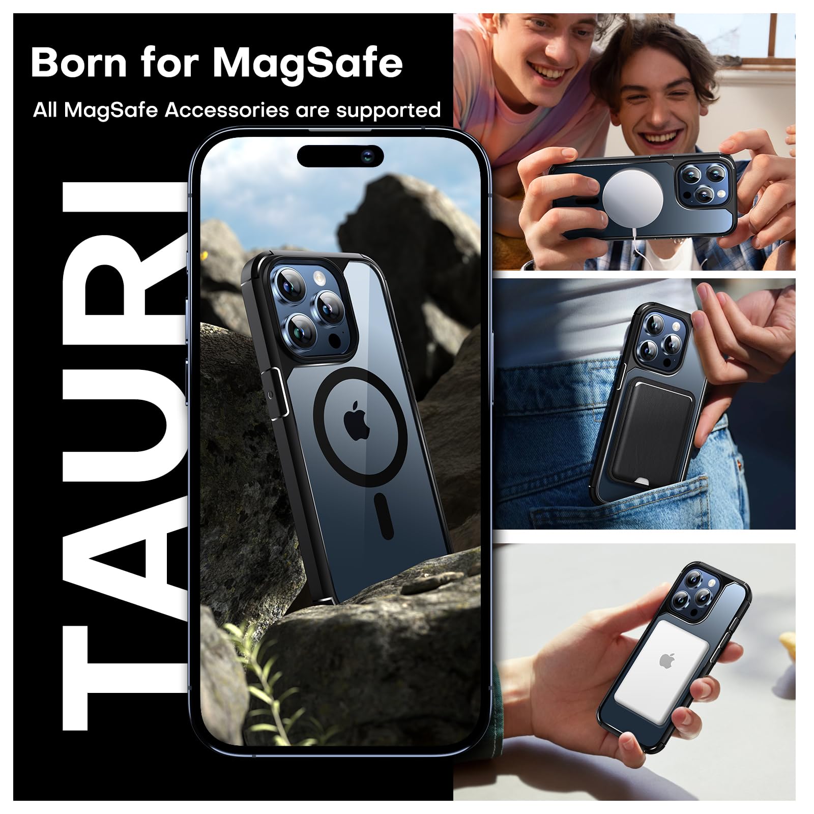 TAURI 3 in 1 Cover Magnetica per iPhone 15 Pro [Compatibile con MagSafe] con 2 Pellicola in Vetro Temperato, Custodia Rigida per Sottile Anticaduta - Nero