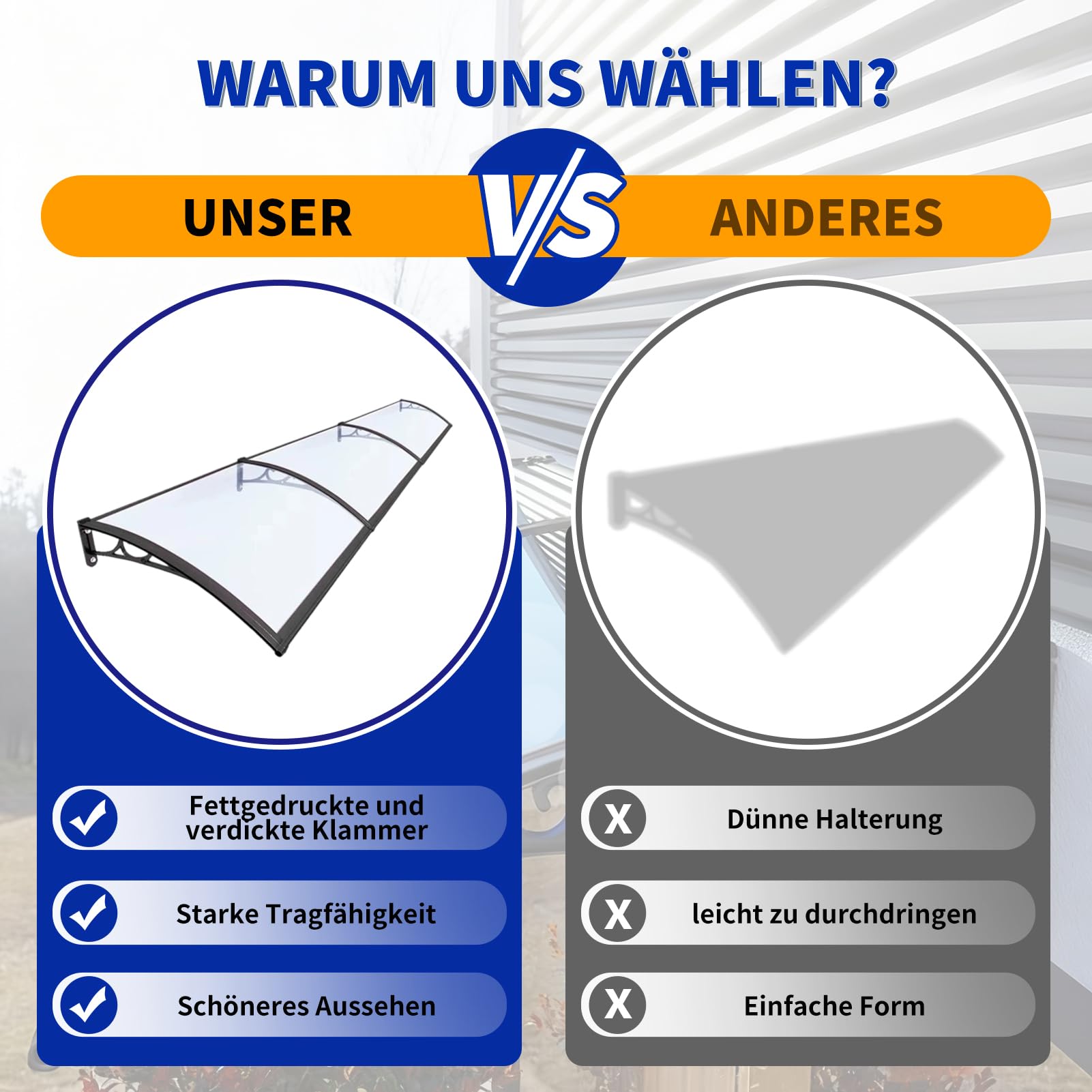 Haustürvordach Modern Design, Neutrale Farbe passt zu Jeder Fassade, Bietet Schatten und Lärmschutz, Mit Befestigungsmaterial für Einfache DIY-Installation（120x200cm）