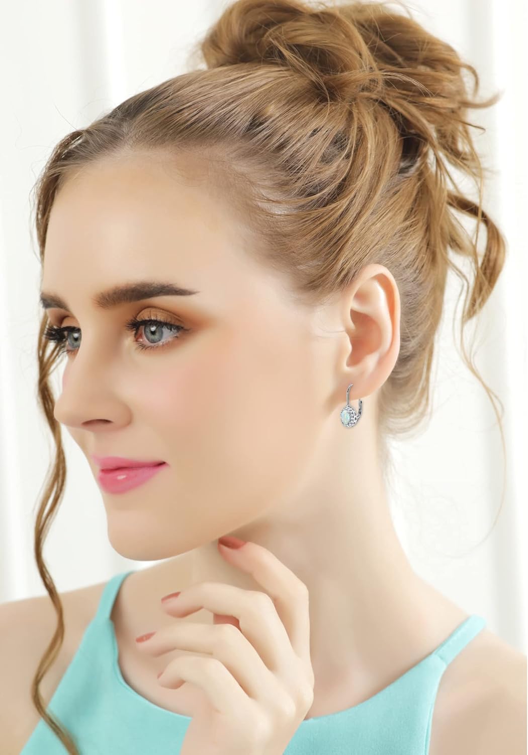 Sterling Silver Genuine or Synthetic Gemstone 6x4mm Oval Halo Leverback Drop Earrings for Women