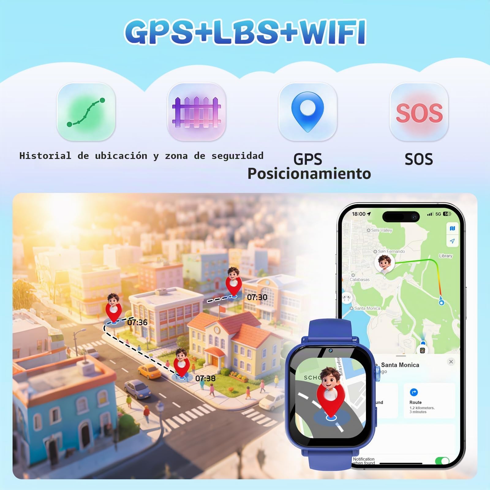 PTHTECHUS Reloj Inteligente Niño, Smartwatch Niños con GPS y Llamadas 4G, Telefono, SOS, Chat de Voz, Videollamada, Modo Clase, Reloj Infantil Niño Niña de 4 a 12 Años Regalos Navidad (Azul)