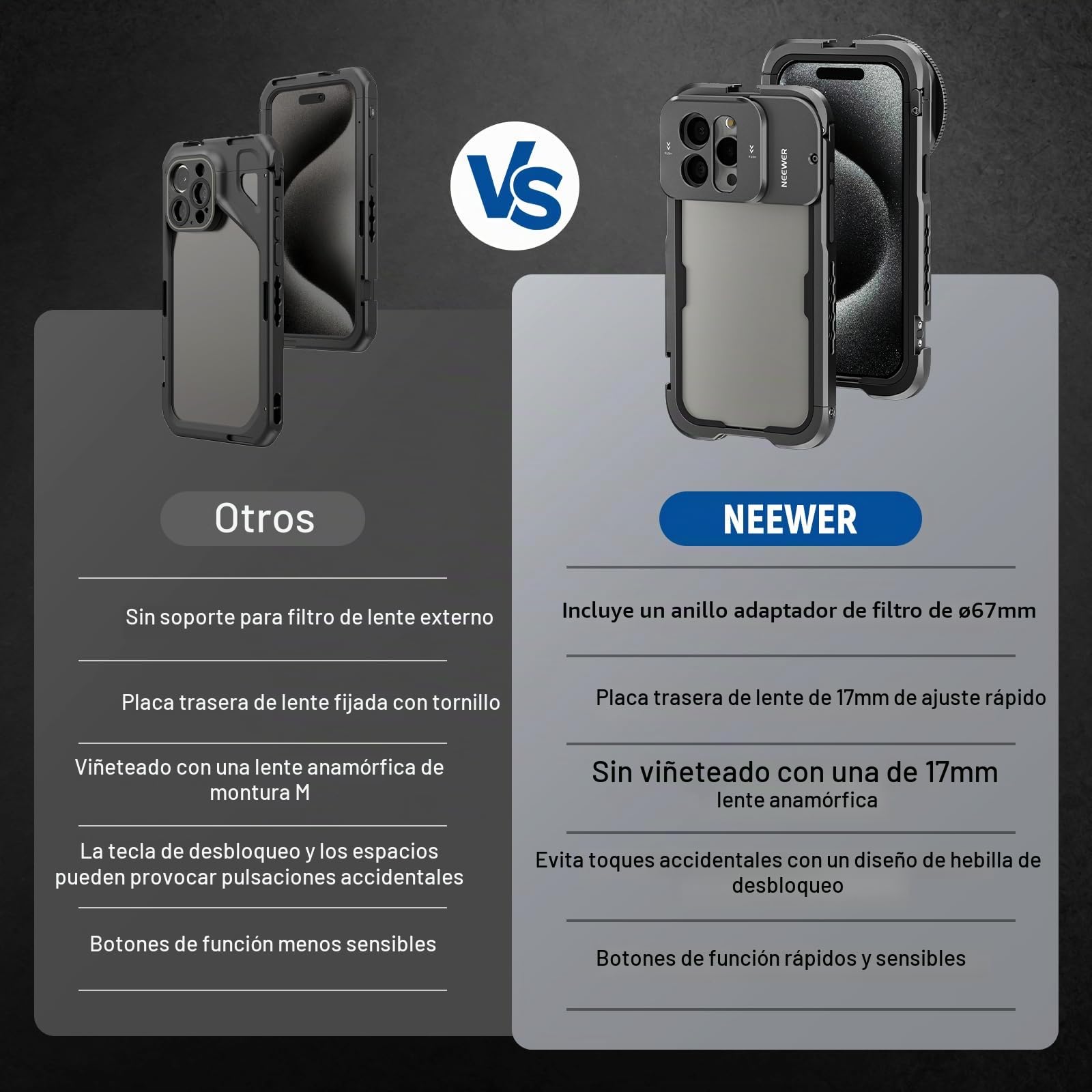 NEEWER 15 Pro MAX Jaula Vídeo Cage Rig con 67mm Adaptador de Filtro Snap On, 17mm Plano Posterior de Lente Roscada, Soporte para Trípode, Kit de Estuche para iPhone Estabilizador para Vídeo, PA024