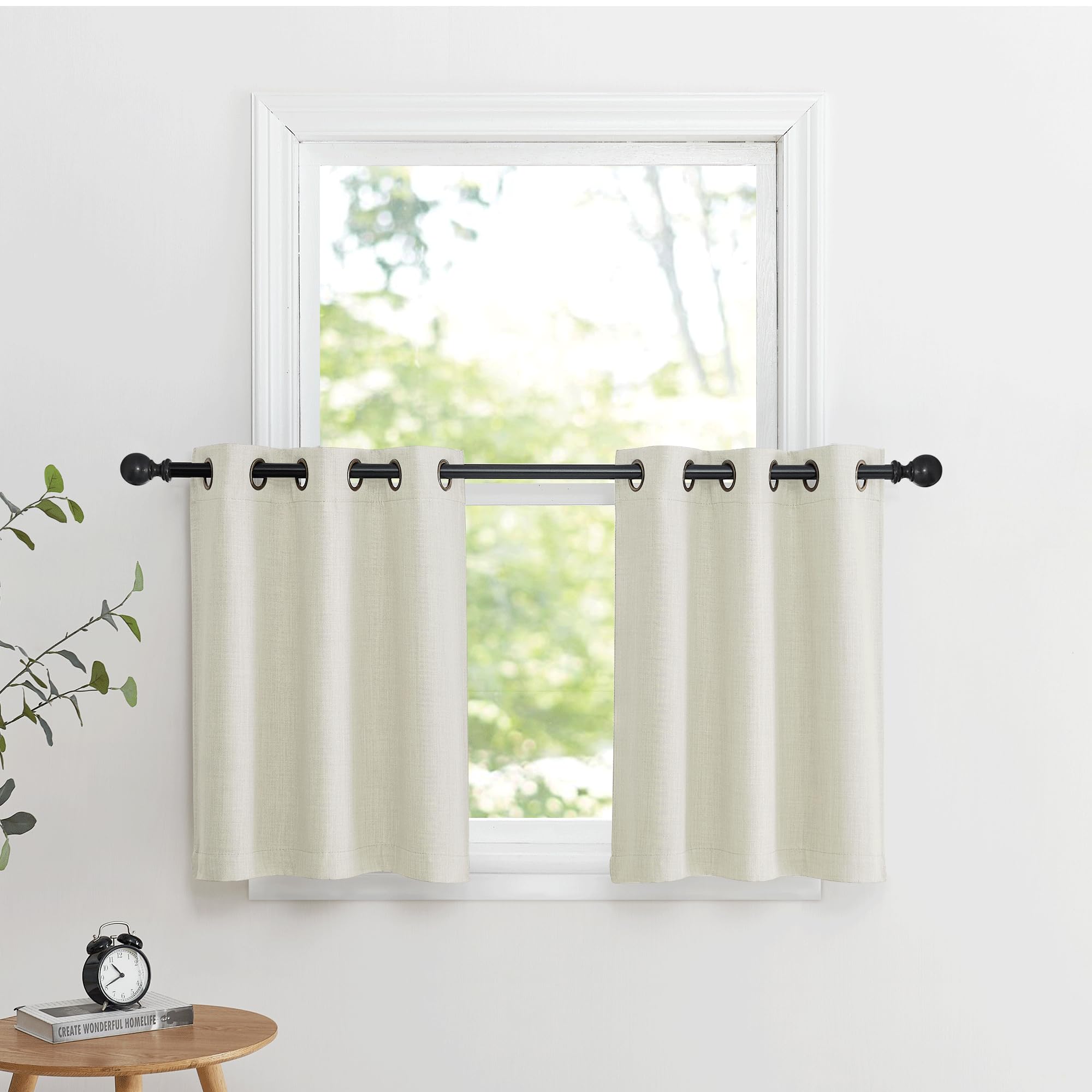 NICETOWN 24 inch Long Blackout Tiers, Farmhouse Grommet Half Window Curtains, Light Block Small Window Valances for Kitchen Cupboard, Covering for Bathroom, W34 x L24, Natural, 2 Panels