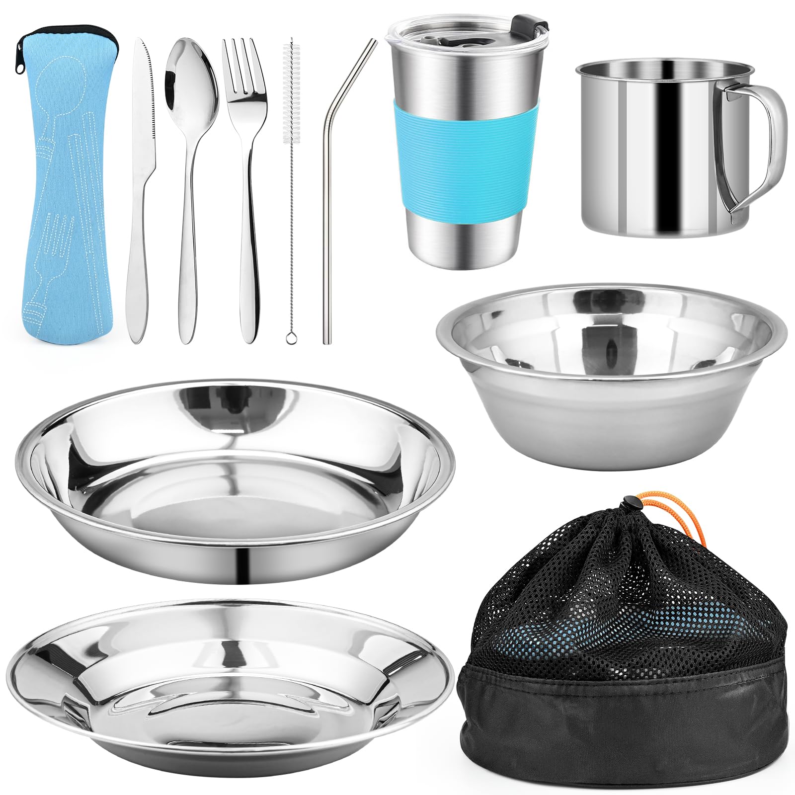 Juego de cubertería de camping, 10 unidades, acero inoxidable, con plato, cuenco, taza, tenedor, cuchara y bolsa para cubiertos, bolsa de almacenamiento, ligera para camping, senderismo y picnics
