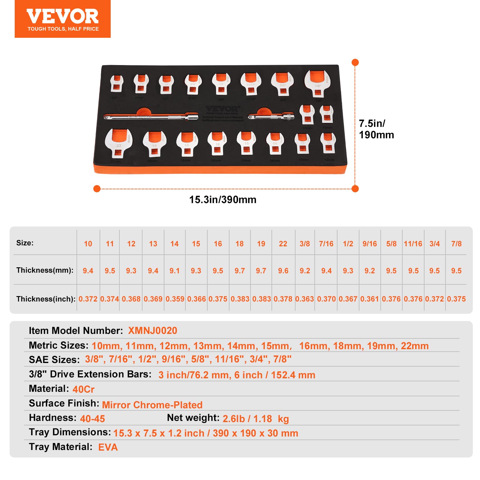 VEVOR Lot de 20 clés à pied de corbeau 3/8" 10-22 mm SAE 3/8-7/8" acier 40Cr avec barres d'extension