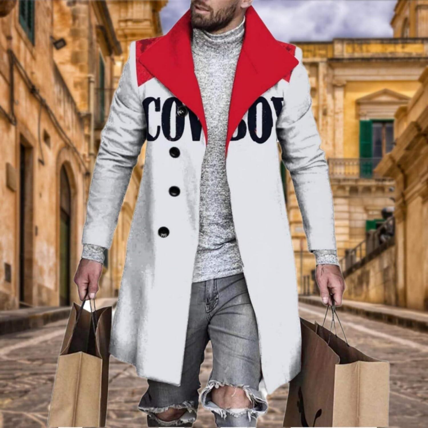 Men's Plaid Long Trench Coat Mid - Length Lapel Collar Button Down Warm Overcoat for Winter & Autumn Fashion - Image 3