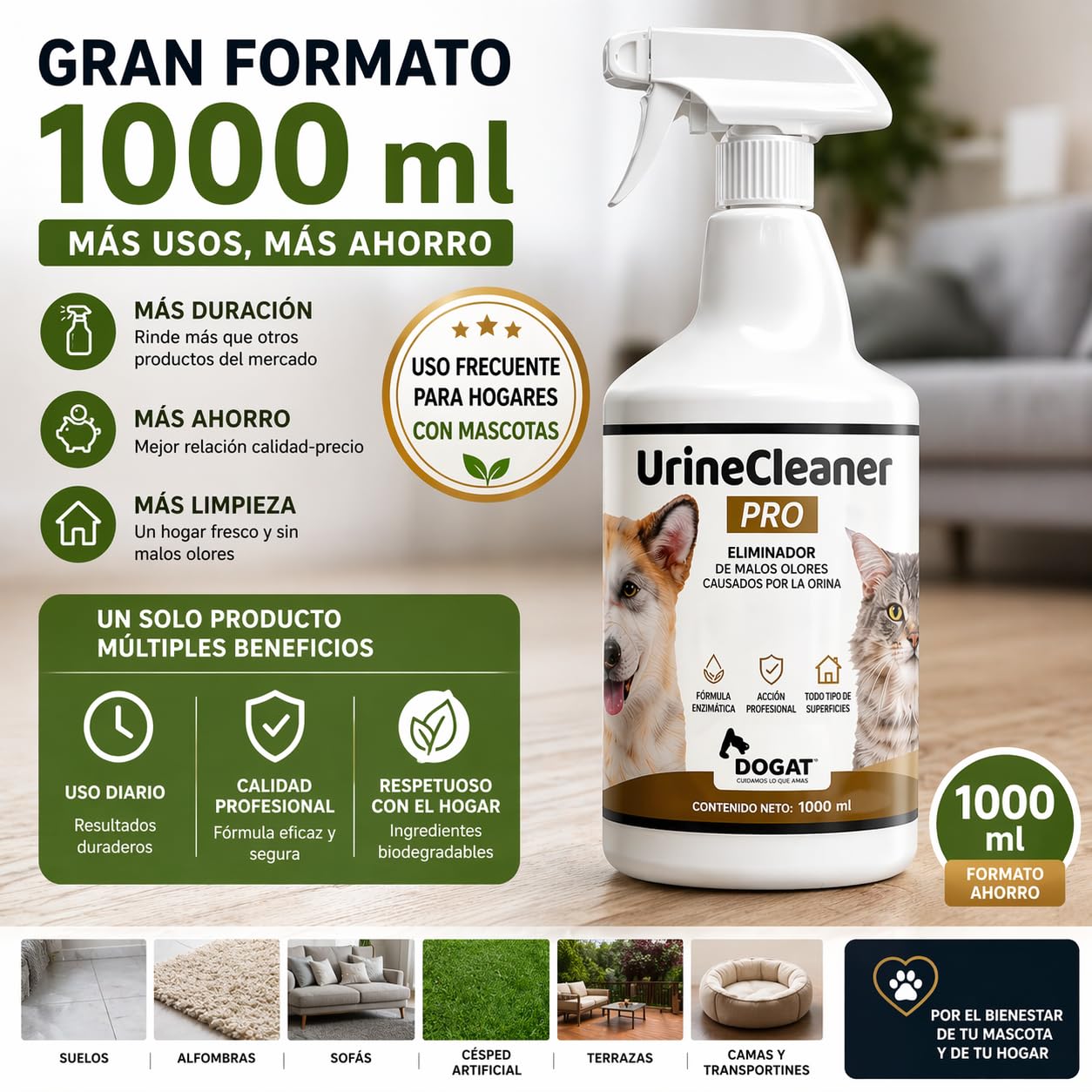 Eliminador Olor Orina Perro y Gato 1000 ml | Neutralizador Profesional de Malos Olores de Mascotas | Spray Limpiador Enzimático para Sofá, Suelo, Alfombra, Terraza y Césped Artificial