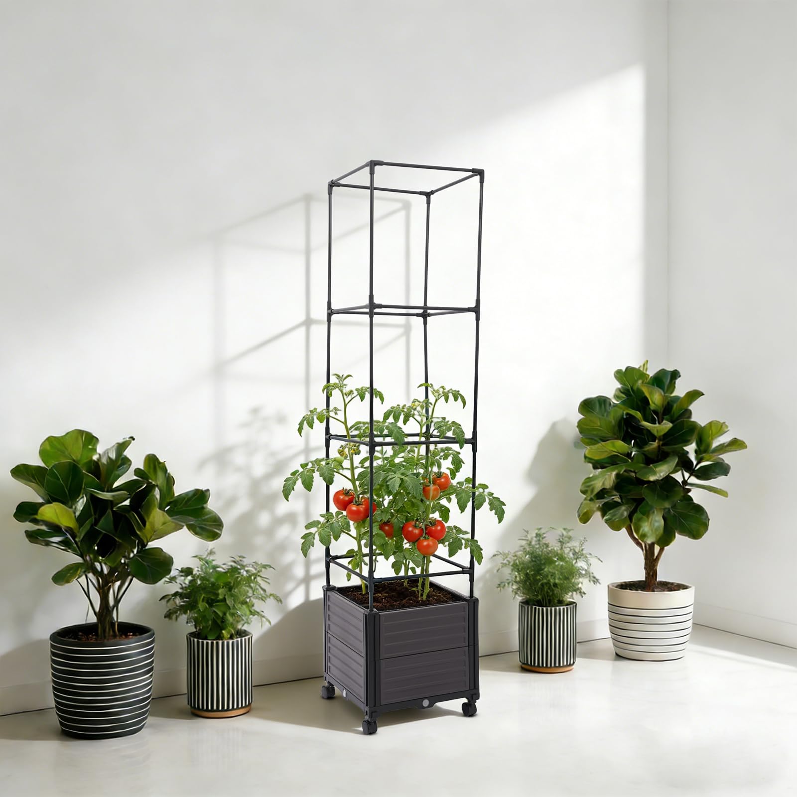 Macetero con soporte para enredaderas, maceta con enrejado 2 en 1, jardinera con ruedas y almacenamiento de riego, jardinera para plantas trepadoras, verduras, flores (dos pisos, techo plano)