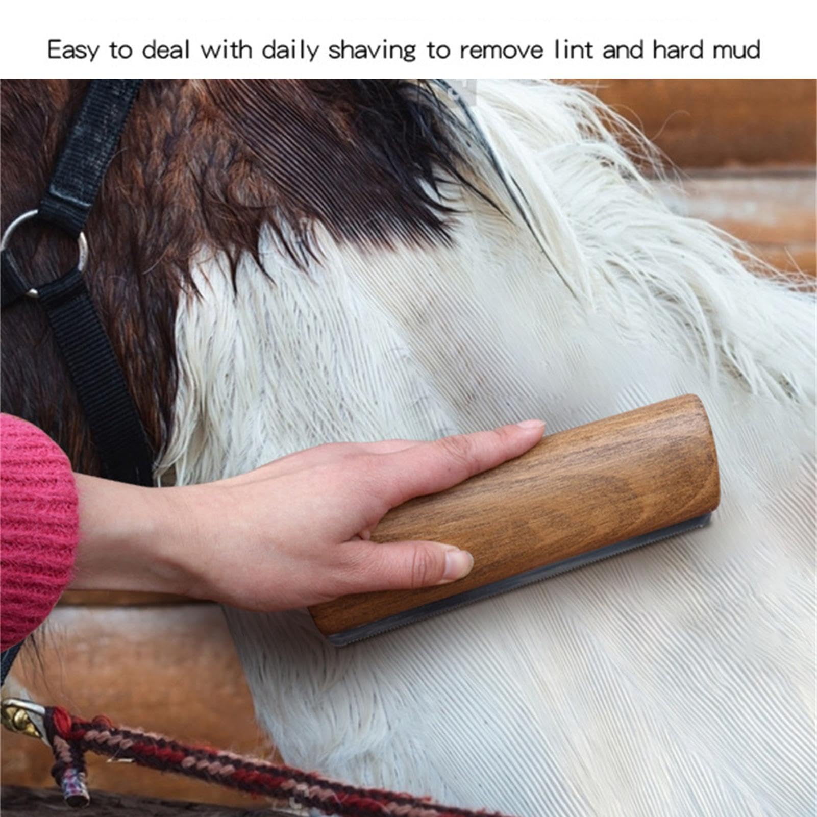 Cepillo para pelar caballos, mango de madera, tira de dientes de acero inoxidable para caballos, cepillo de lavado de aseo de caballos, herramienta de aseo para desenredar, removedor de pelo de