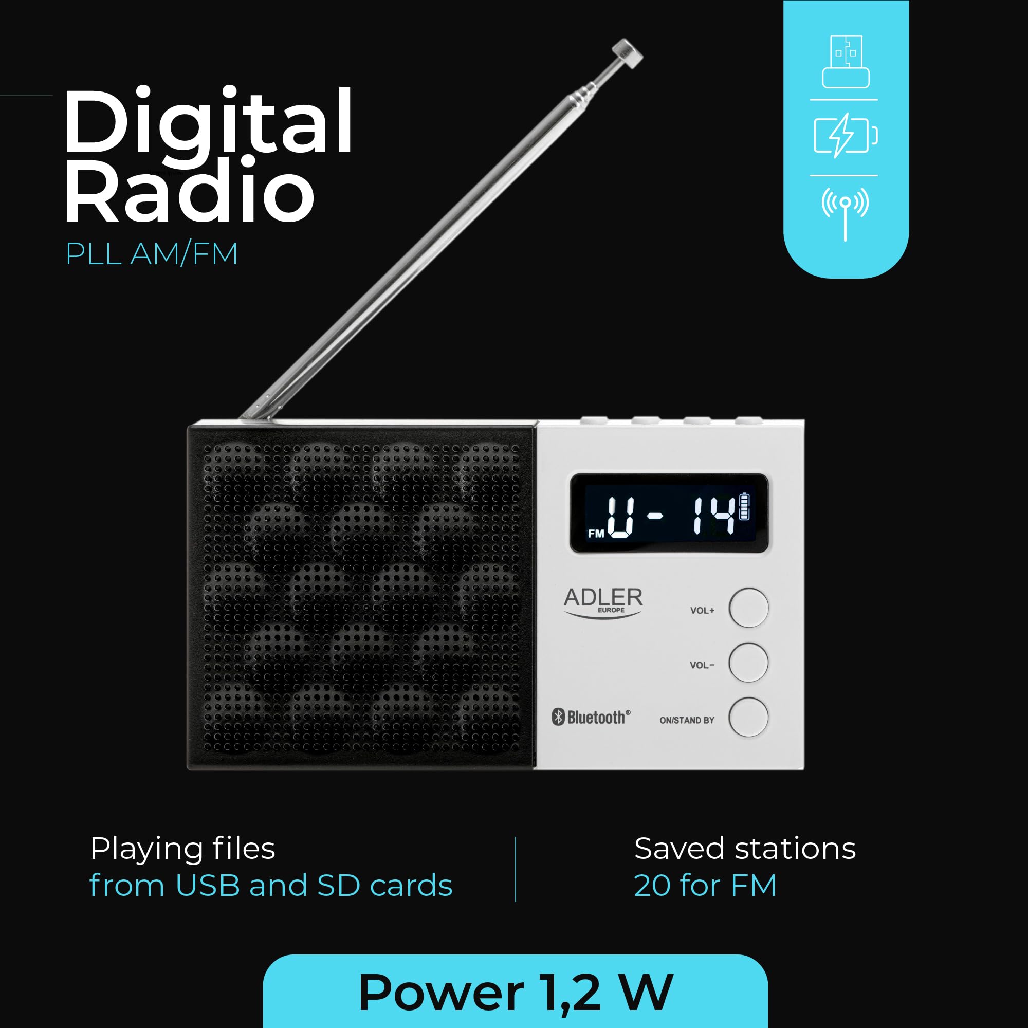Adler Radio portatile digitale AD 1908, sintonizzazione PLL avanzata, FM con Bluetooth, schermo LCD, batteria rimovibile da 800 mAh, allarme, antenna telescopica, nero e bianco