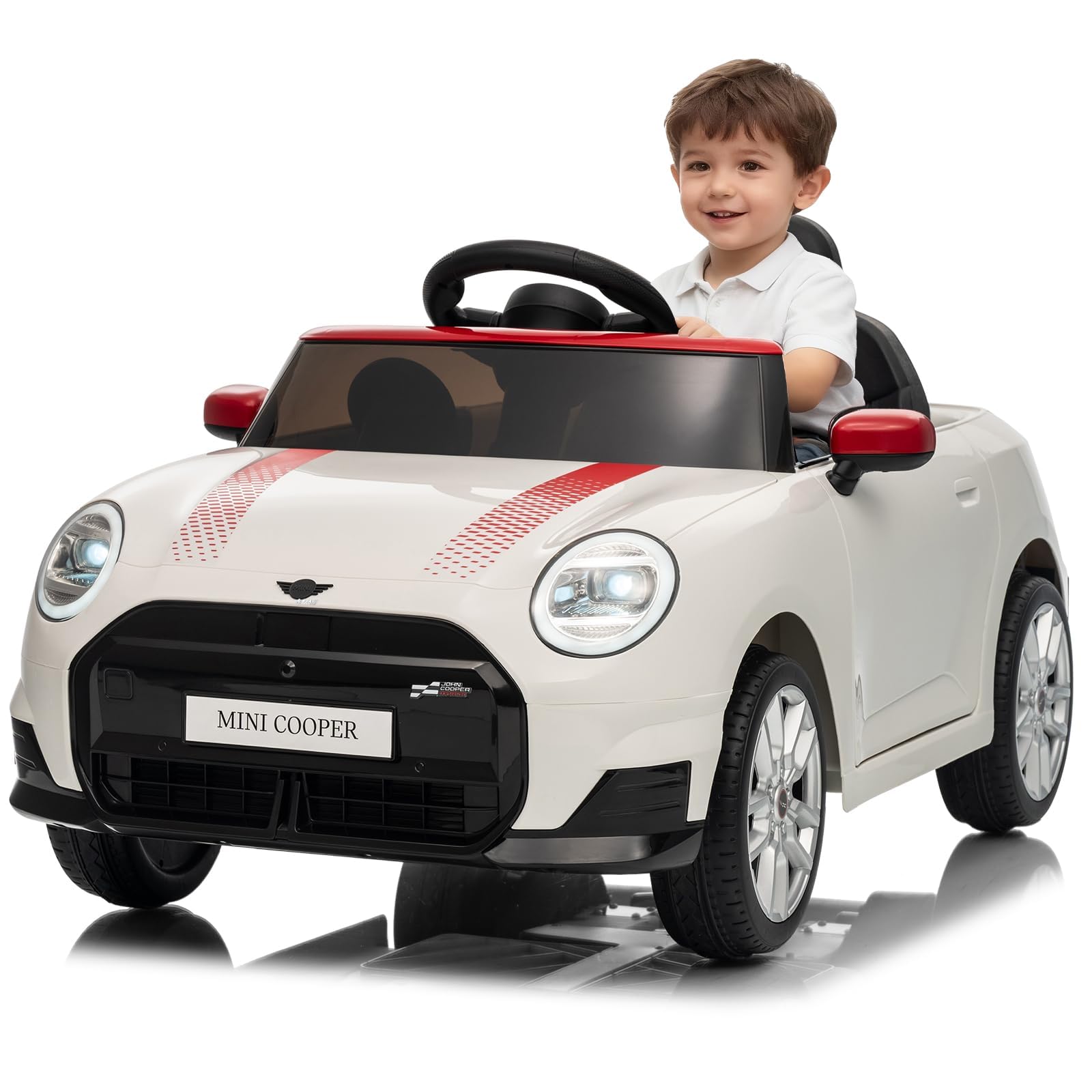 Coche Eléctrico para Niños 12V con Licencia, Mando a Distancia 2,4G, LED, Música, USB, Blanco