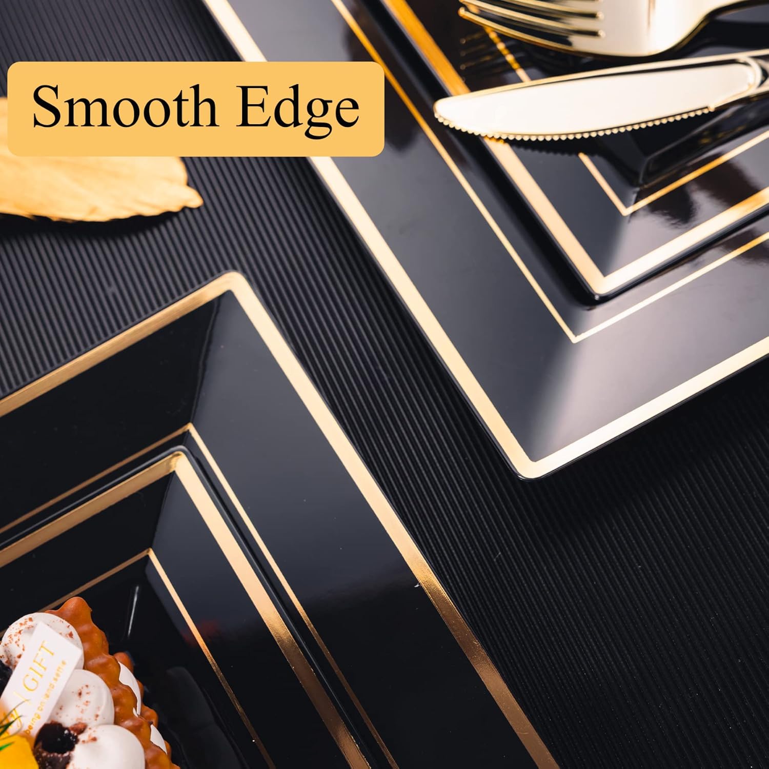 N9R 60 Pack Black Square Plastic Plates with Gold Rim Include 30 Disposable Dinner Plates 9.5 Inch and 30 Dessert Plate 6.5 Inch, Fancy Plate for Party, Wedding, Halloween and Daily Use - Image 5