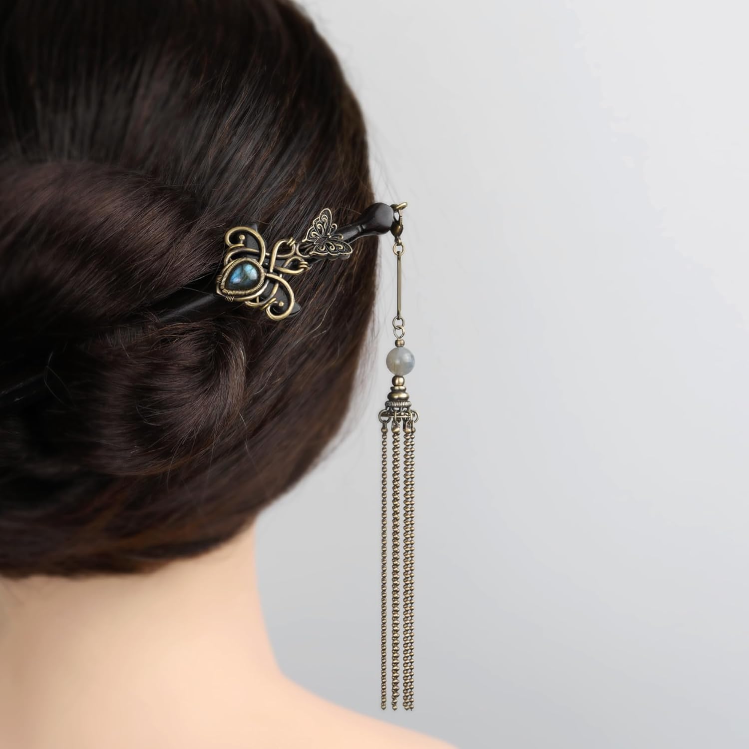 Sword Antique Brass Wire Wrapped Labradorite Ebony Hair Sticks for Buns (Hair Stick & Tassel)