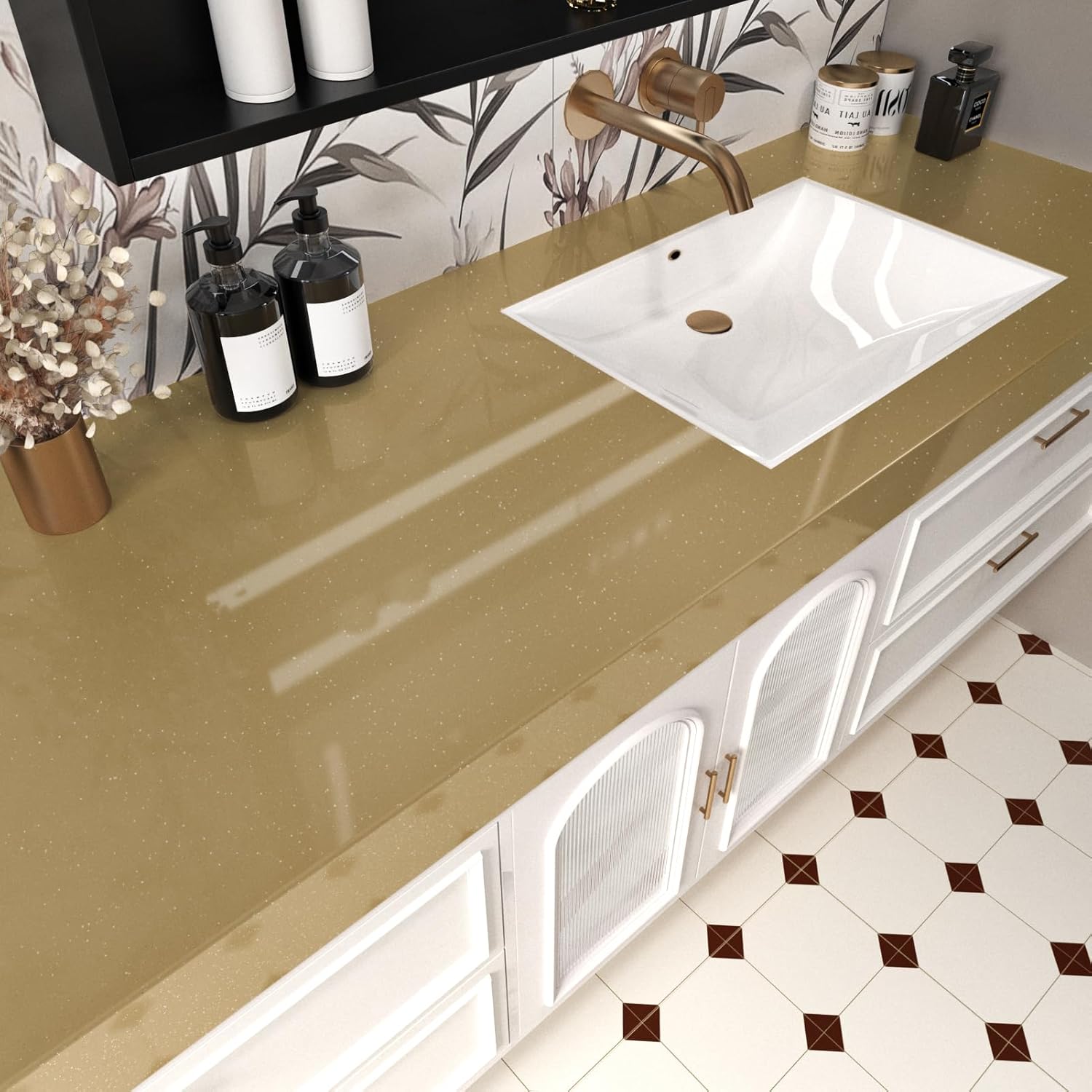 Wallercity Glossy Champagne Contact Paper 15.8''x315'' Self-Adhesive Waterproof Countertop Contact Paper for Bathroom Vinyl Waterproof Pure Champagne Wallpaper for Cabinets Drawers Wardrobe Desk Top
