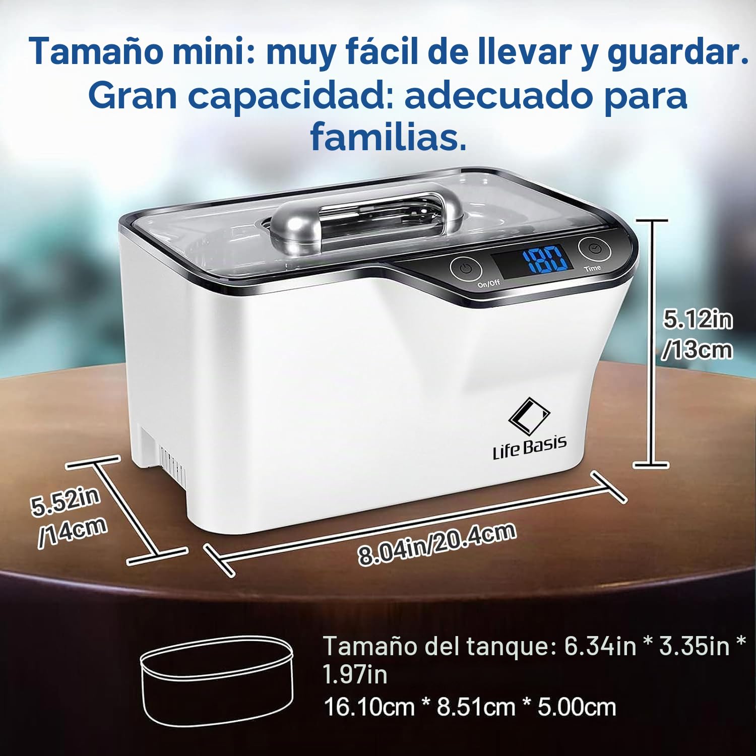 LifeBasis - Limpiador ultrasónico de 48000 Hz, 600 ml, limpiador ultrasónico para gafas con función de desgasificación y 5 ajustes de tiempo para joyas, dentadura postiza, relojes