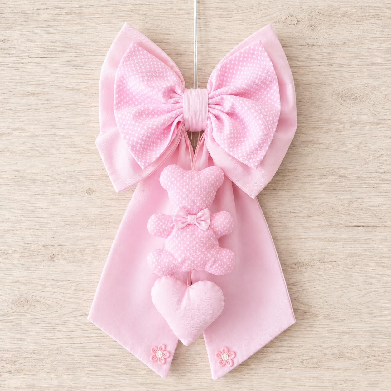 Fiocco Nascita in tessuto di Cotone, con Orsetto e Cuore, 30x50 cm, Decorazione Artigianale (Rosa)