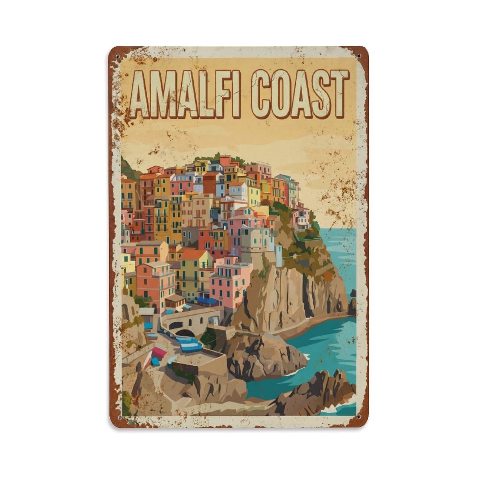 Vintage Travel Cliffside Italy Coastal Metal Tin Sign